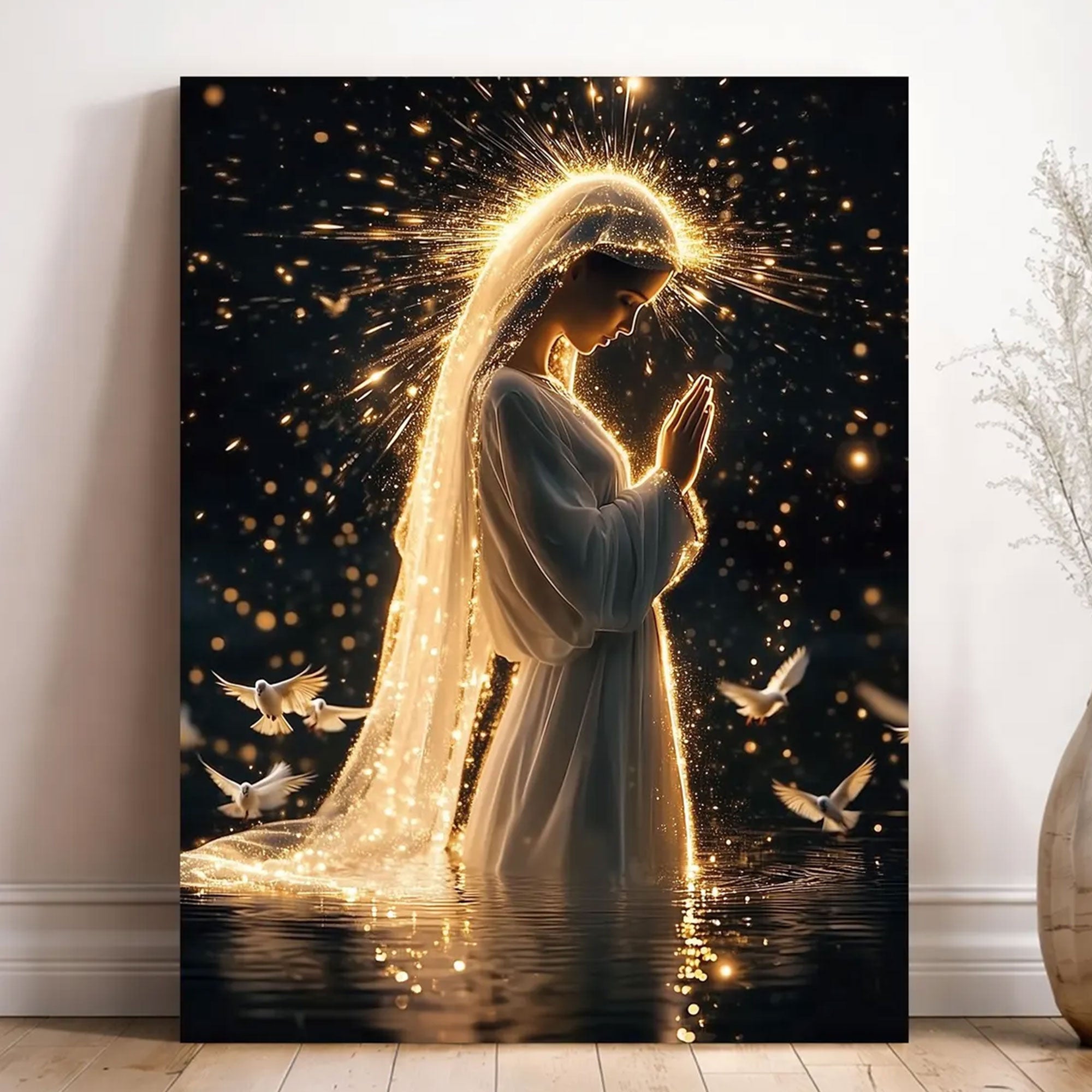 Holy Virgin Mary Canvas Art, Sacred Light Catholic Wall Decor, Blessed Mother Religious Artwork, Inspirational Faith Gift, Prayer Room Home Decor