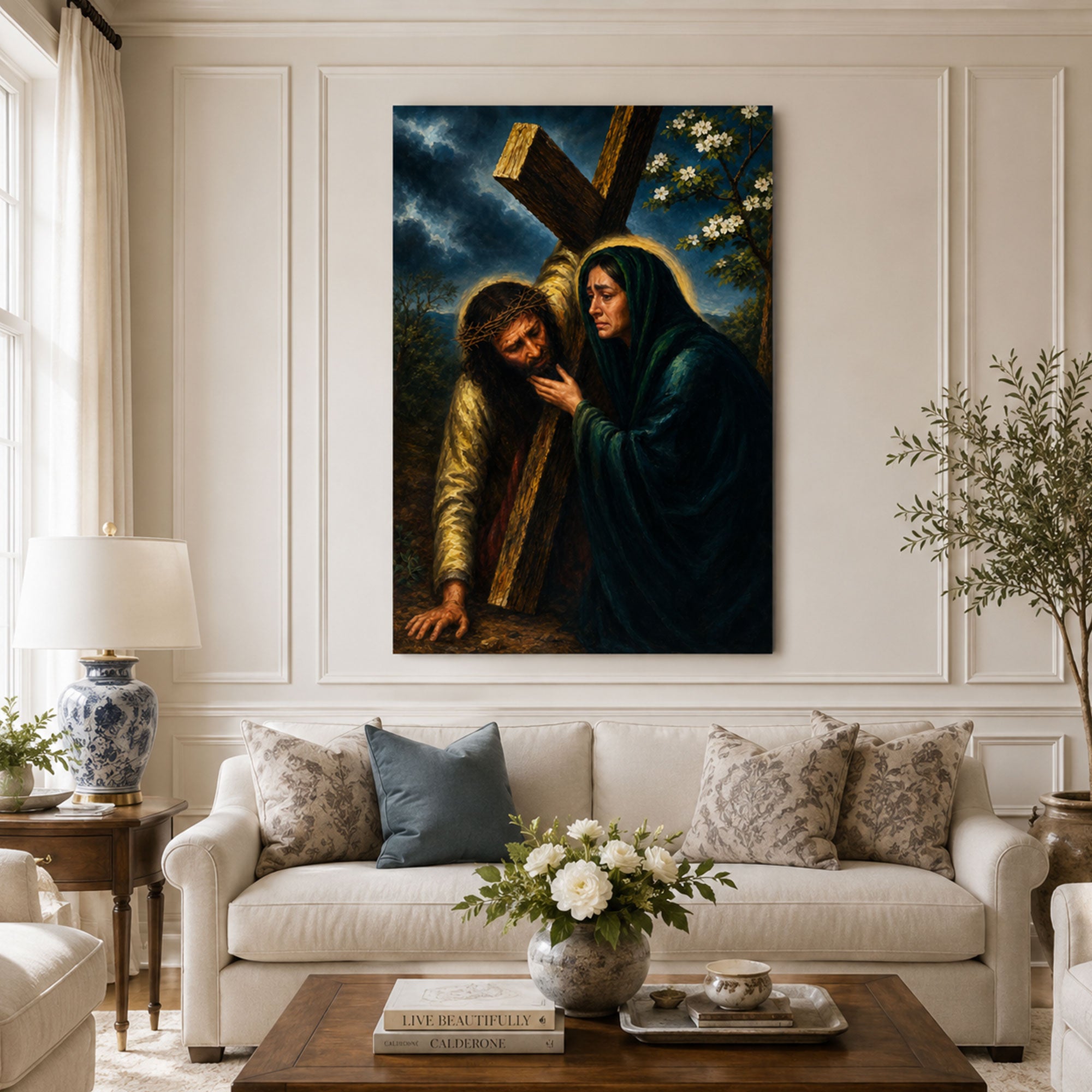 Jesus Meets His Mother Canvas Print, Way of the Cross Catholic Wall Art, Sorrowful Mary Home Decor Gift