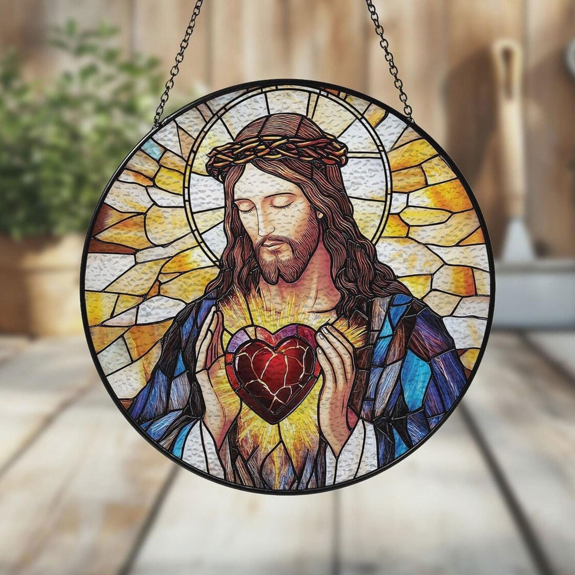 Sacred Heart of Jesus Stained Glass Suncatcher, Catholic Window Hanging Decor, Christian Religious Faith Gift for Mom Grandma