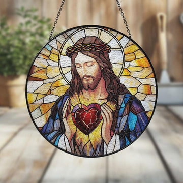 Sacred Heart of Jesus Stained Glass Suncatcher, Catholic Window Hanging Decor, Christian Religious Faith Gift for Mom Grandma