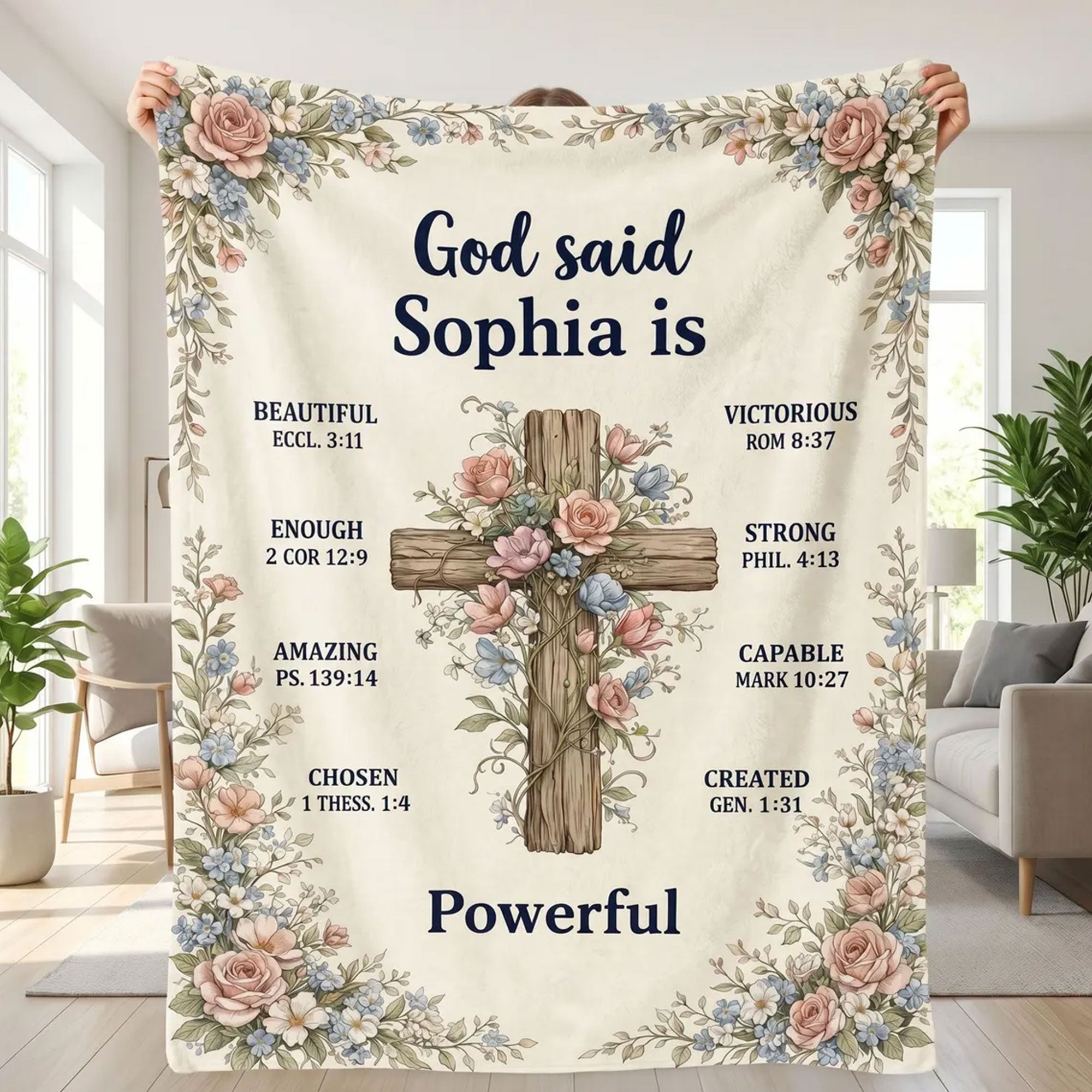 Personalized Christian Blanket, Custom Bible Verse Throw, Cross Floral Blanket, Inspirational Gift for Friends, Faith Home Decor