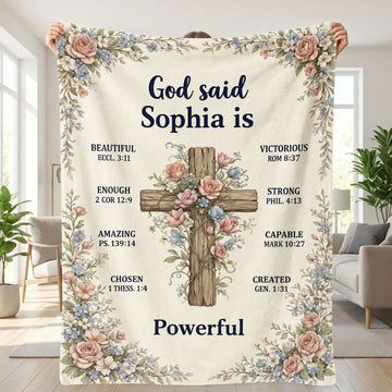 Personalized Christian Blanket, Custom Bible Verse Throw, Cross Floral Blanket, Inspirational Gift for Friends, Faith Home Decor