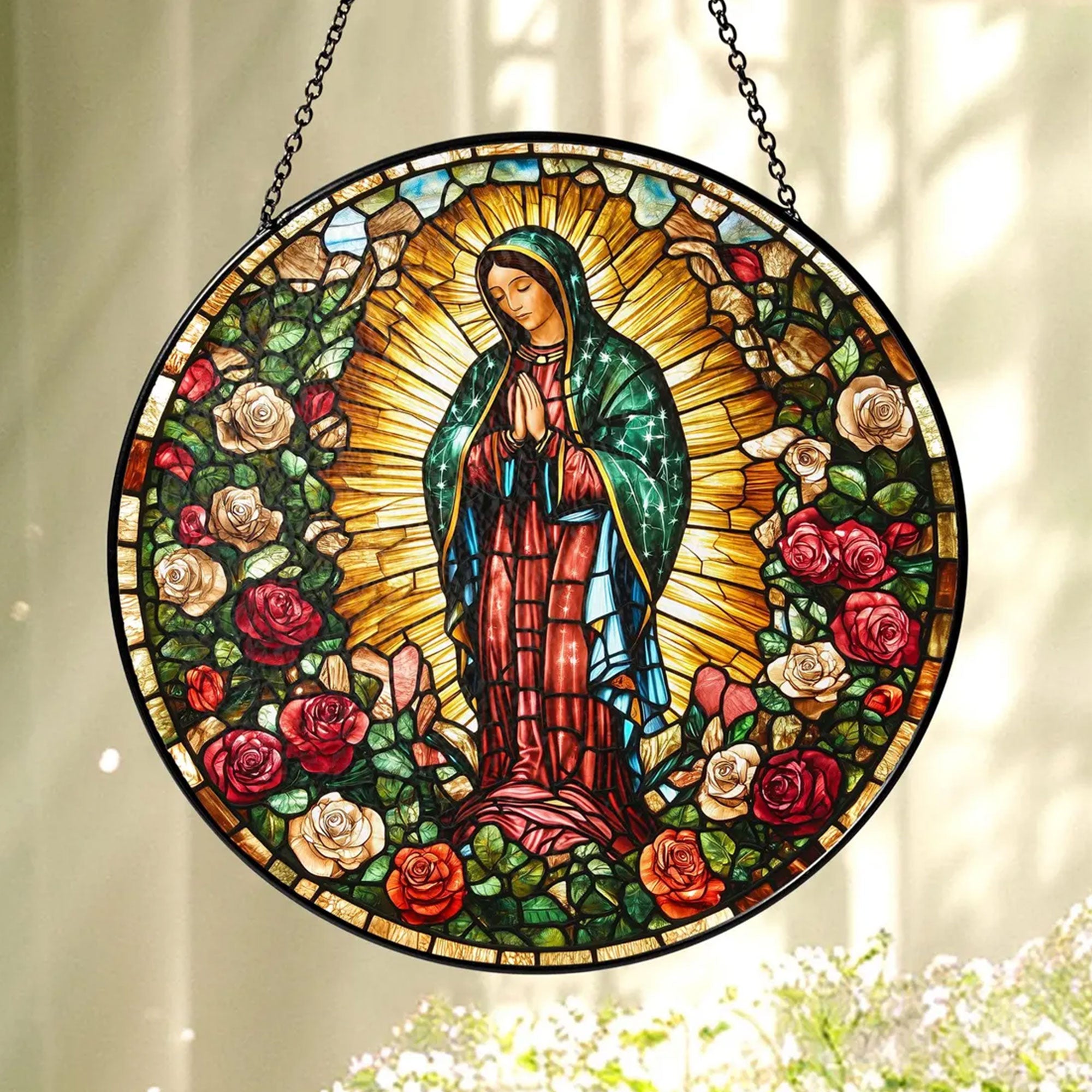 Our Lady of Guadalupe Stained Glass Suncatcher, Virgin Mary Catholic Window Hanging, Religious Faith Gift, Christian Home Decor