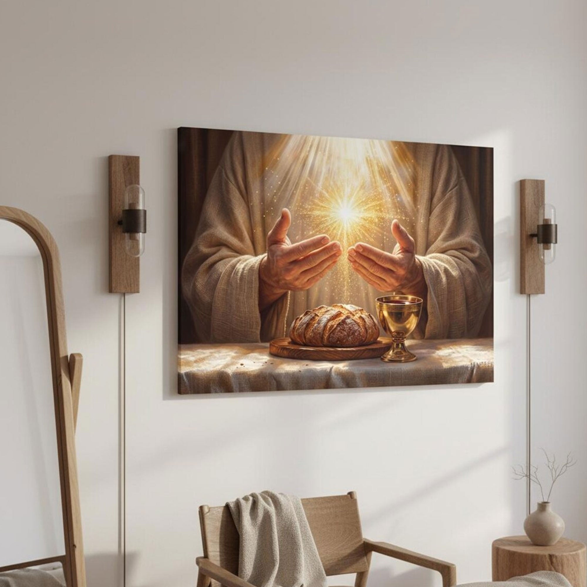 Golden Light Eucharist Canvas Print, Abstract Christian Wall Art, Catholic Faith Home Decor