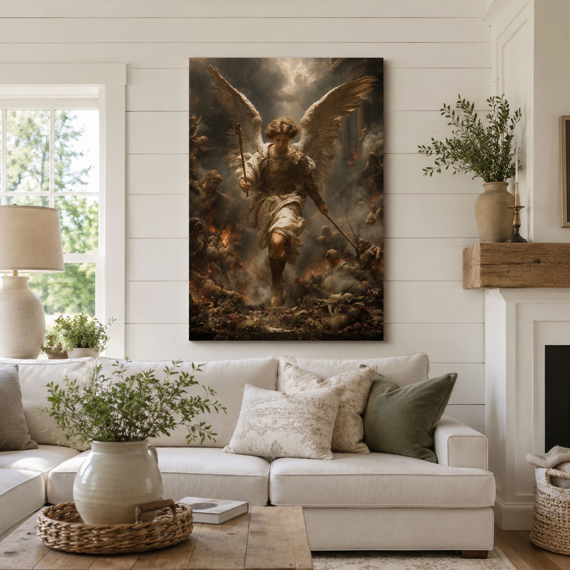 Saint Michael Leading the Heavenly Battle Canvas Print, Catholic Angel Art