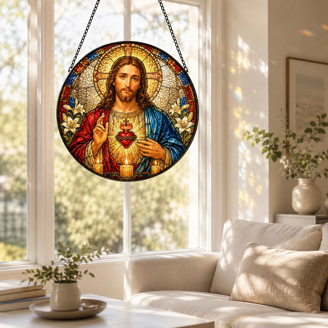 Sacred Heart of Jesus Suncatcher, Catholic Window Hanging, Christian Faith Gift