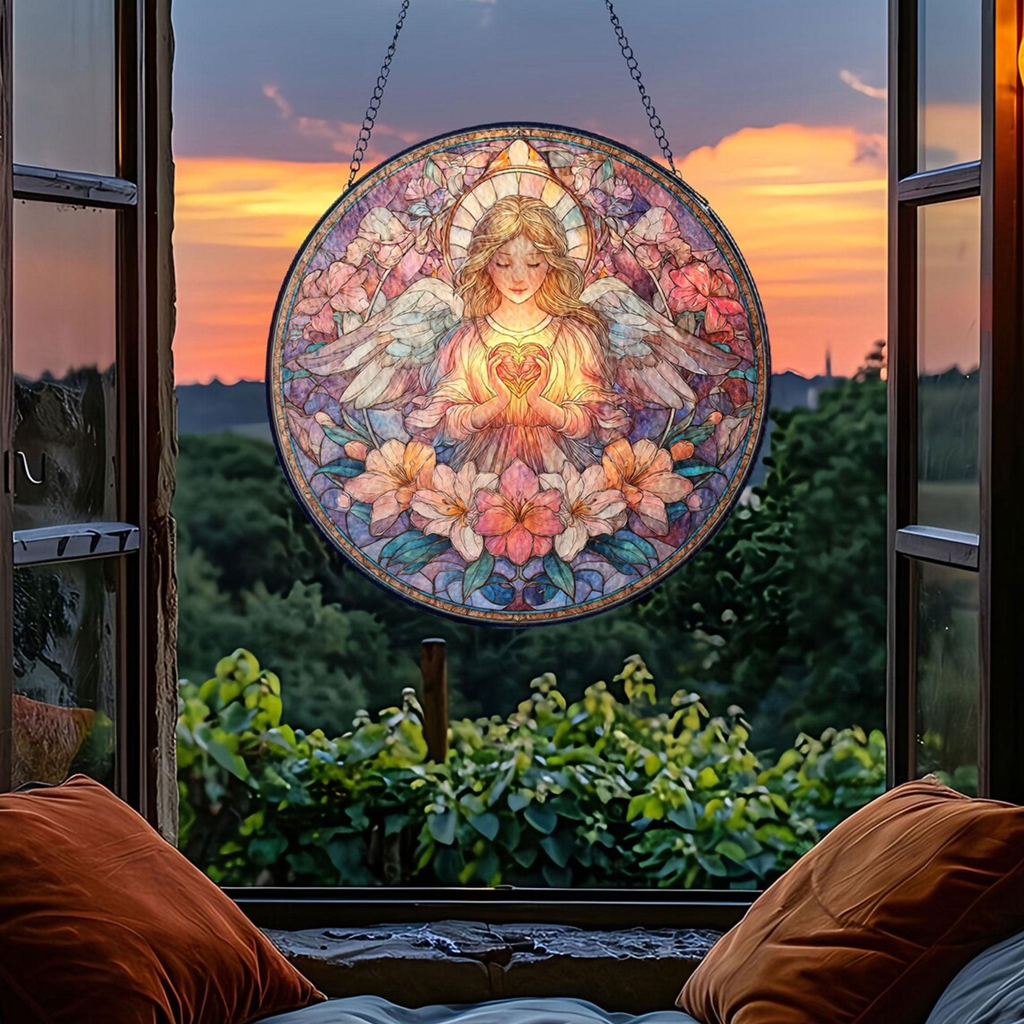 Angel Heart Suncatcher, Floral Window Hanging, Christian Memorial Gift