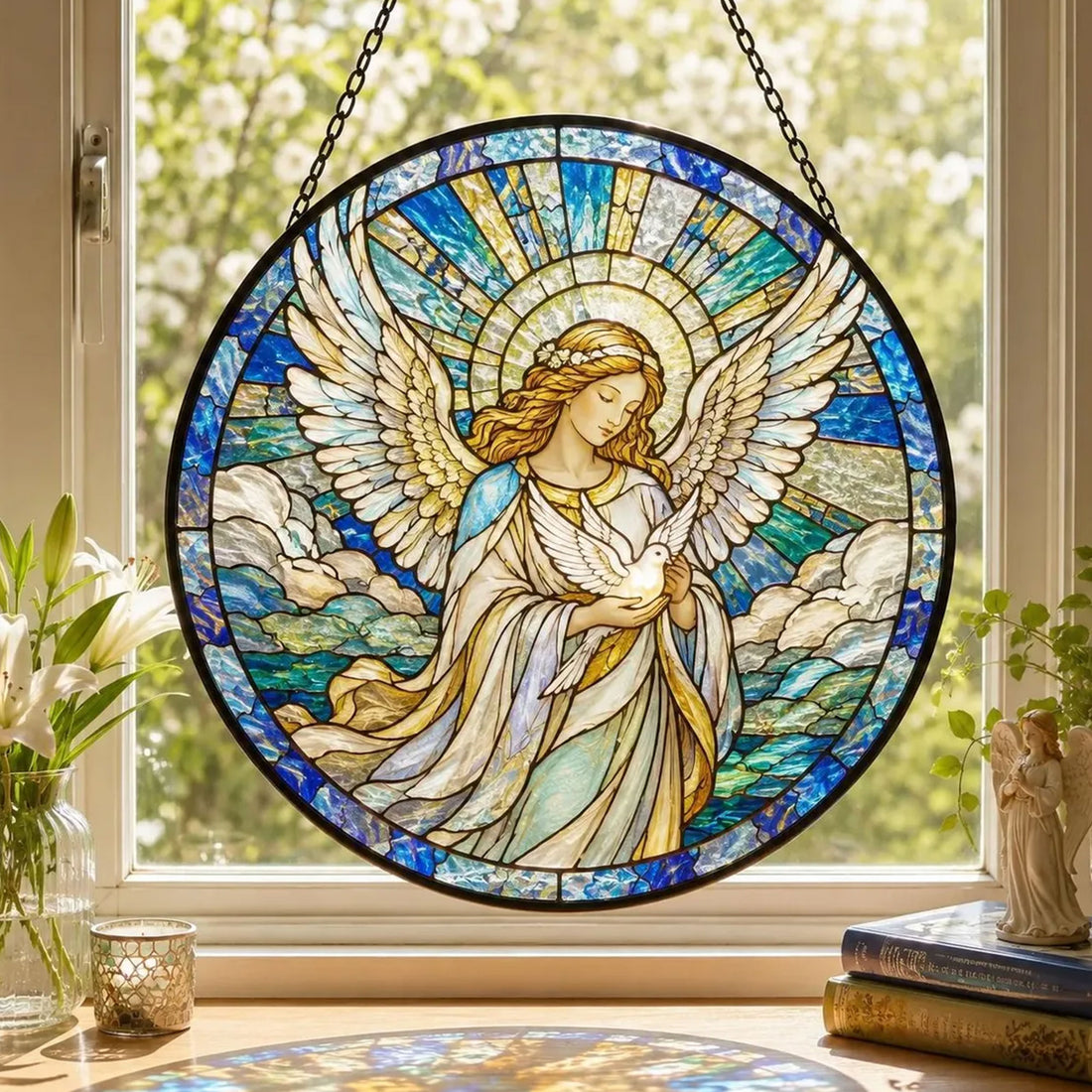Praying Angel Glass Suncatcher, Christian Memorial Window Hanging Gift for Her