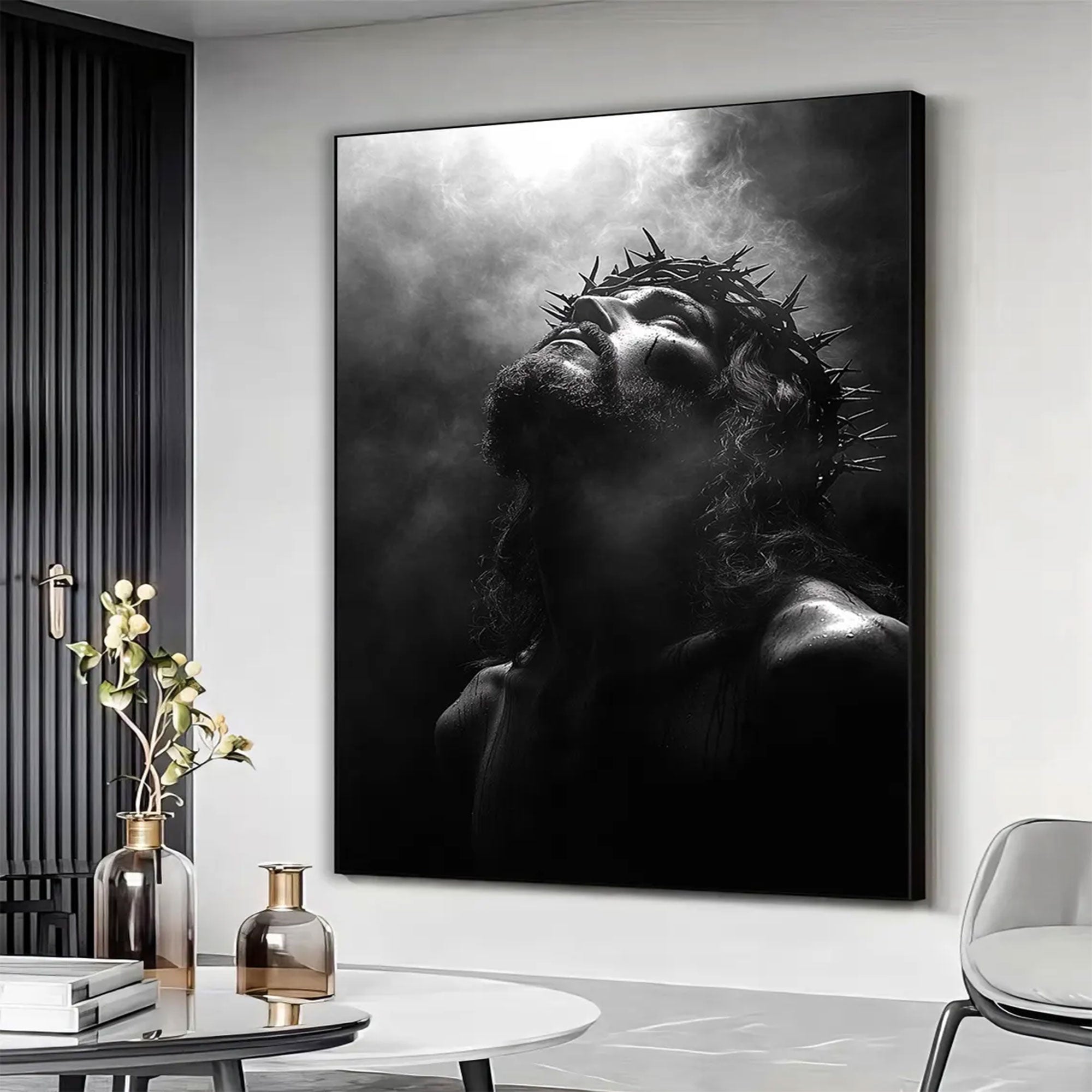 Black and White Jesus Portrait Canvas, Dramatic Christian Wall Art, Religious Decor