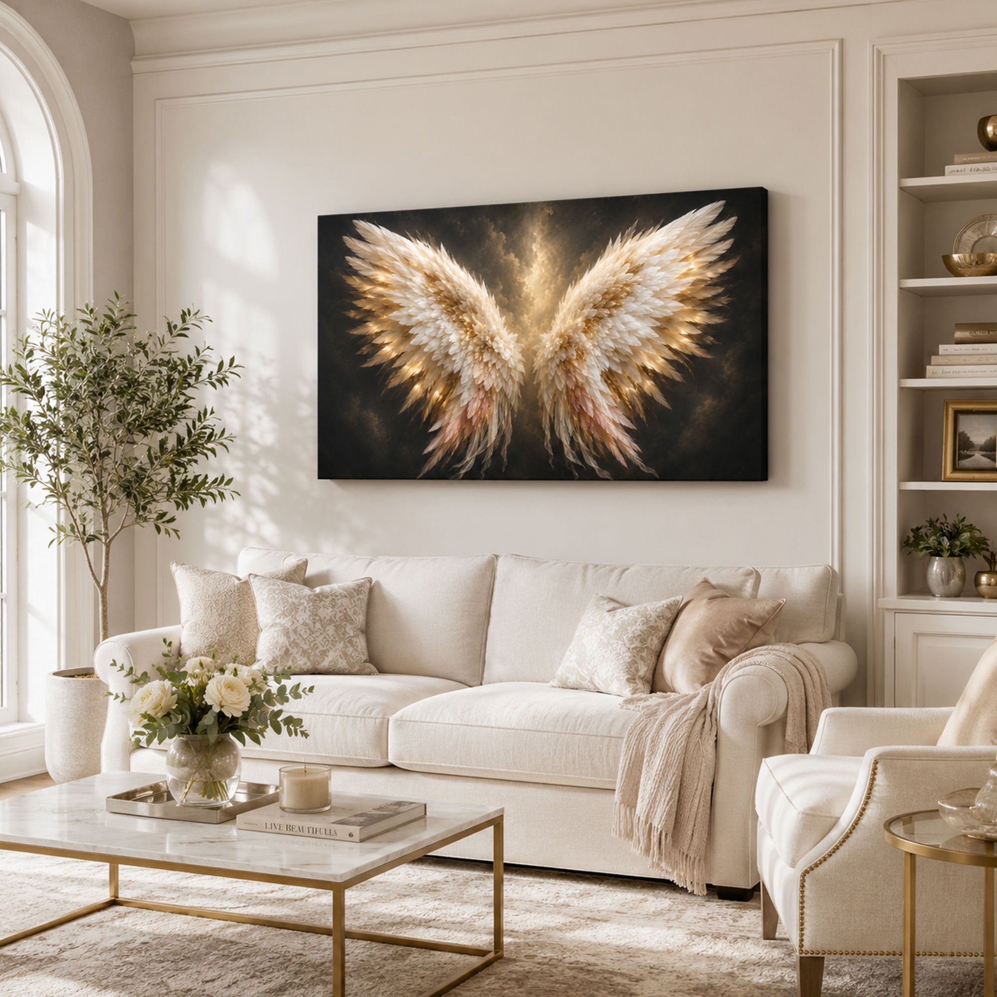 Luminous Angel Wings Canvas Print, White and Gold Christian Wall Art, Heavenly Faith Home Decor Gift