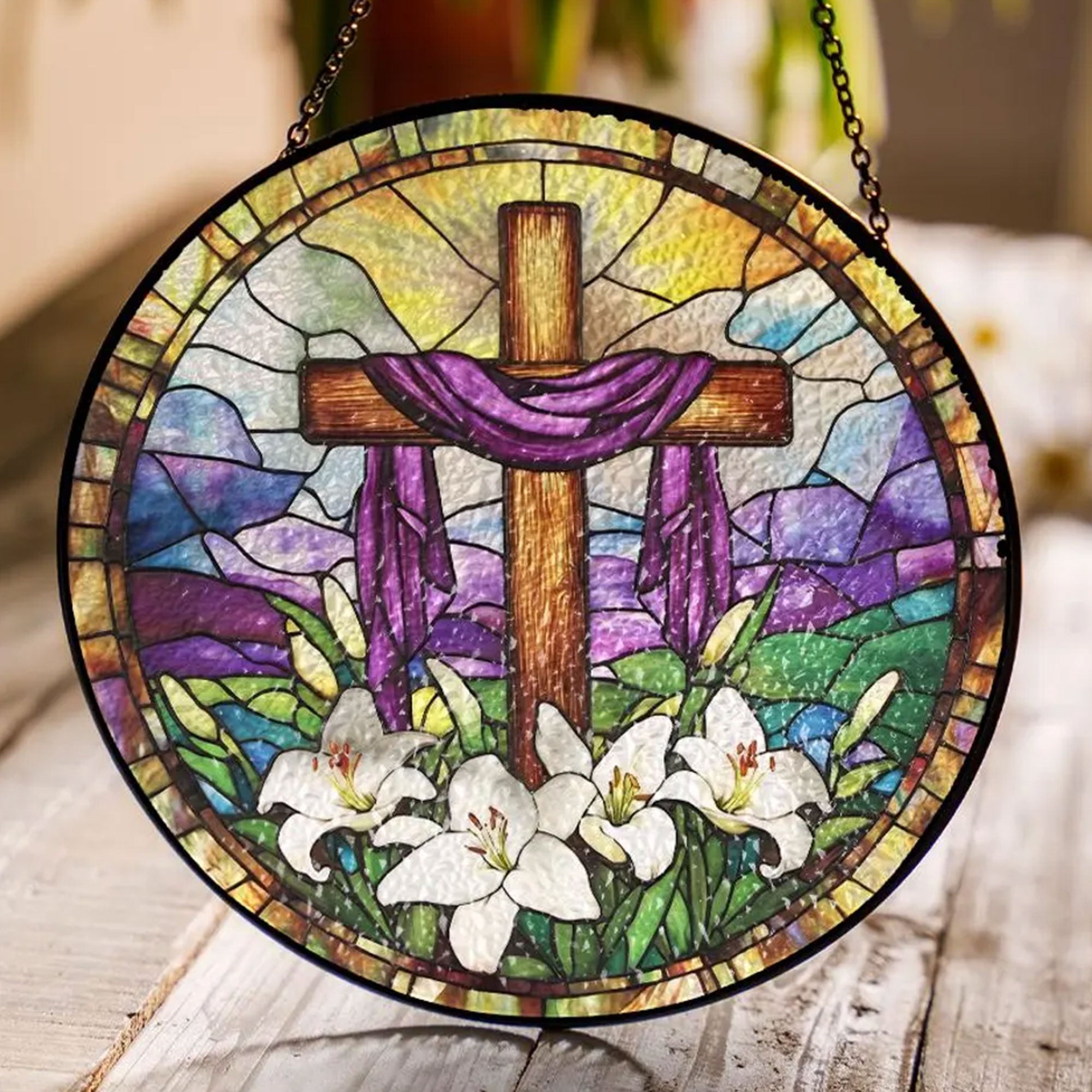 Christian Cross Stained Glass Suncatcher, Religious Window Hanging Decor, Faith Gift, Handmade Home Ornament