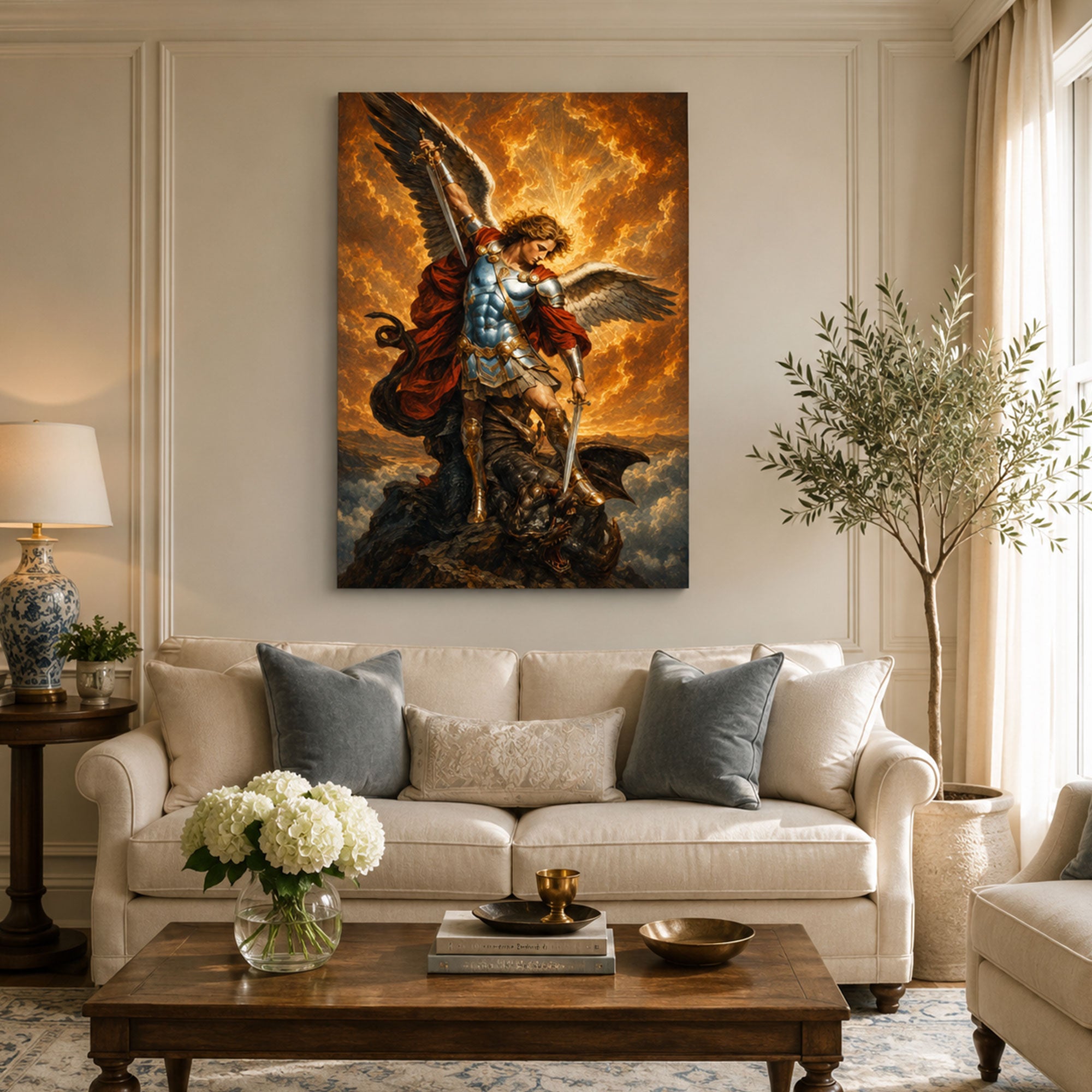 Saint Michael Defeating the Dragon Canvas Print, Catholic Warrior Archangel Wall Art, Faith Home Decor Gift