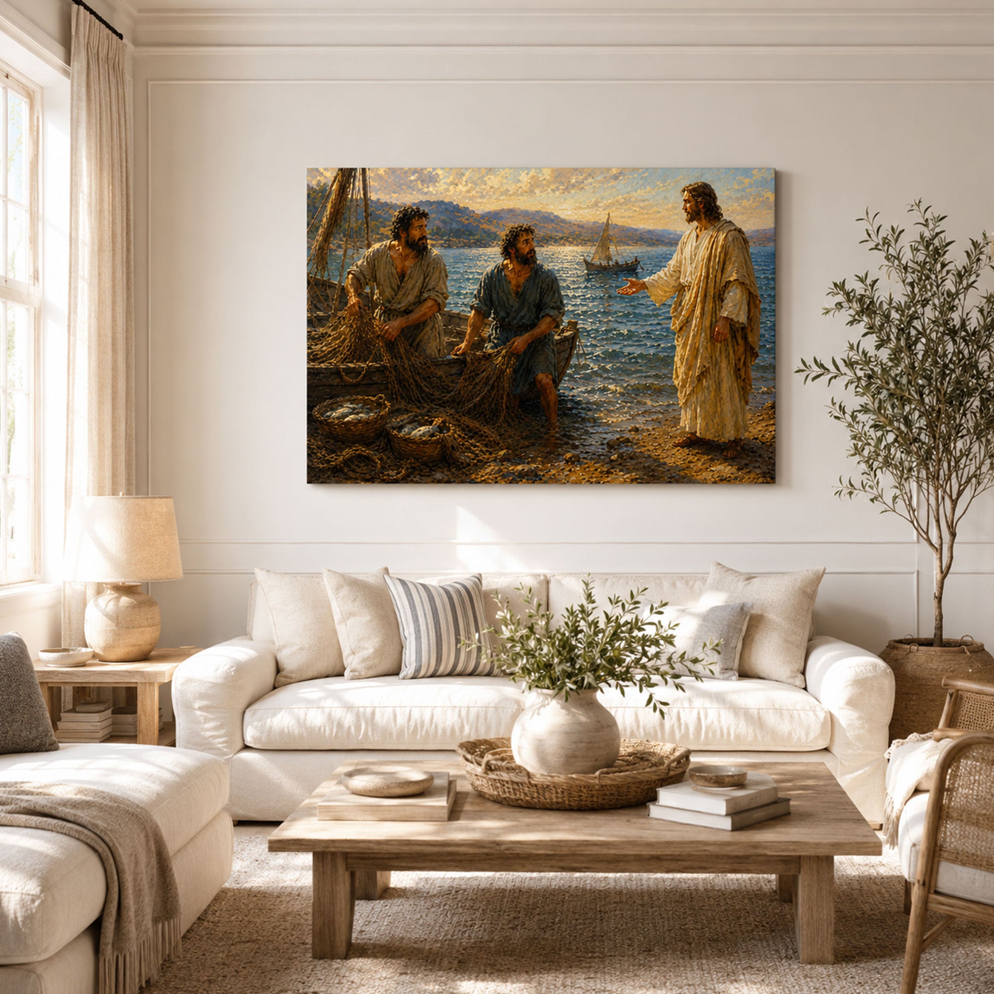 Miraculous Catch of Fish Canvas Print, Jesus and Disciples Luke 5 Christian Wall Decor, Faith Gift