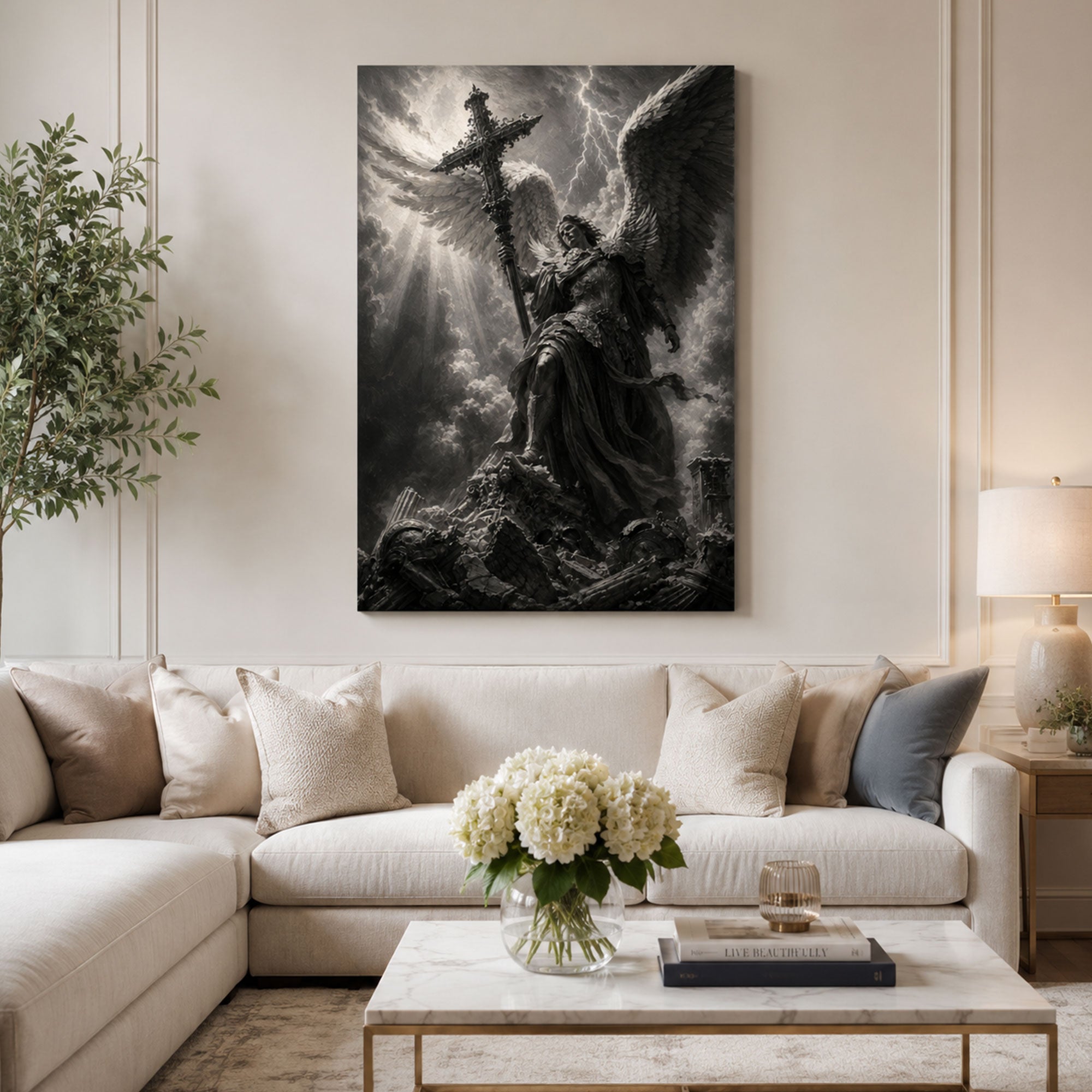 Saint Michael the Archangel with Cross Canvas Print, Victory Over Evil Catholic Wall Decor, Protection Faith Gift