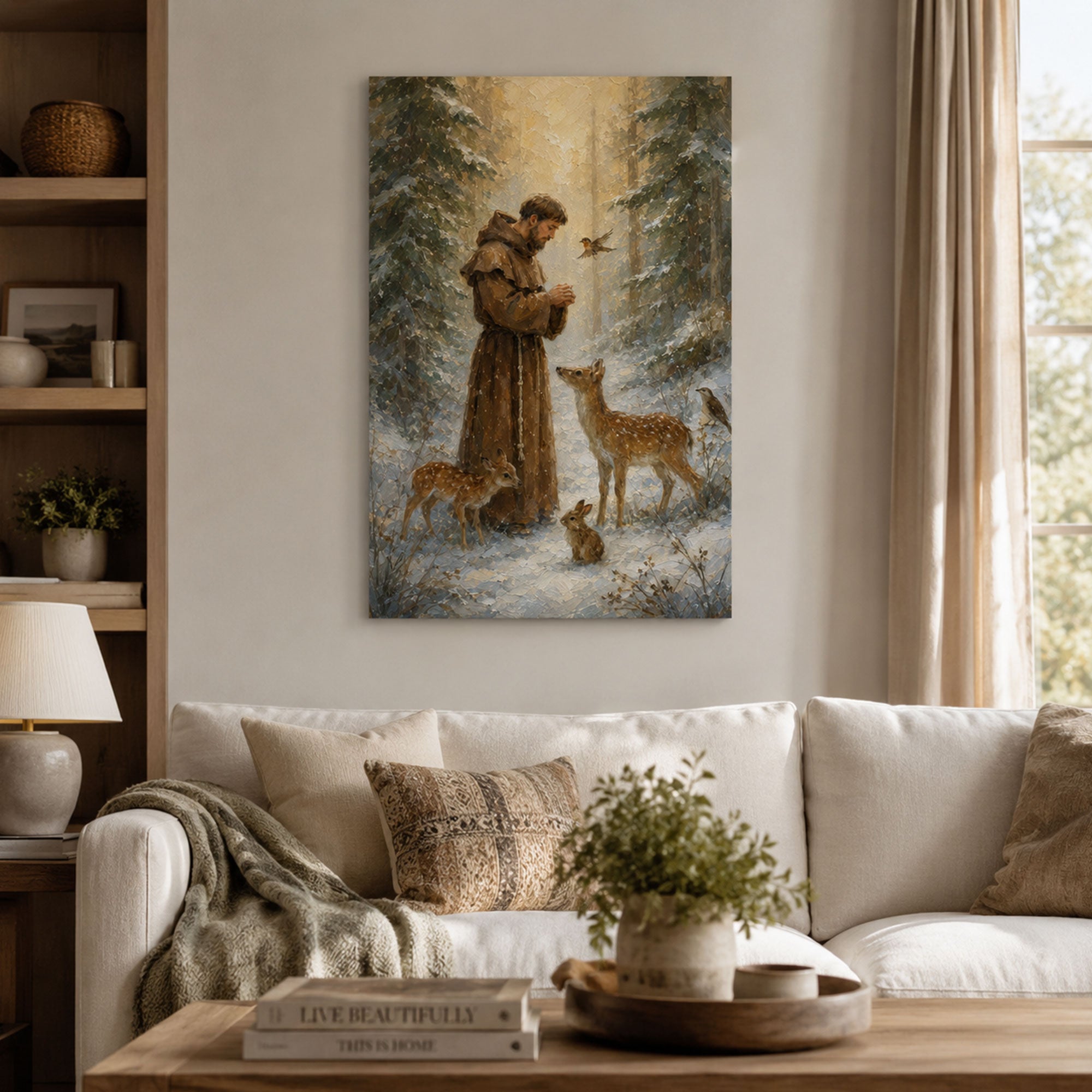 Saint Francis of Assisi Canvas Print, Catholic Saint Wall Art with Woodland Animals, Christian Home Decor Gift