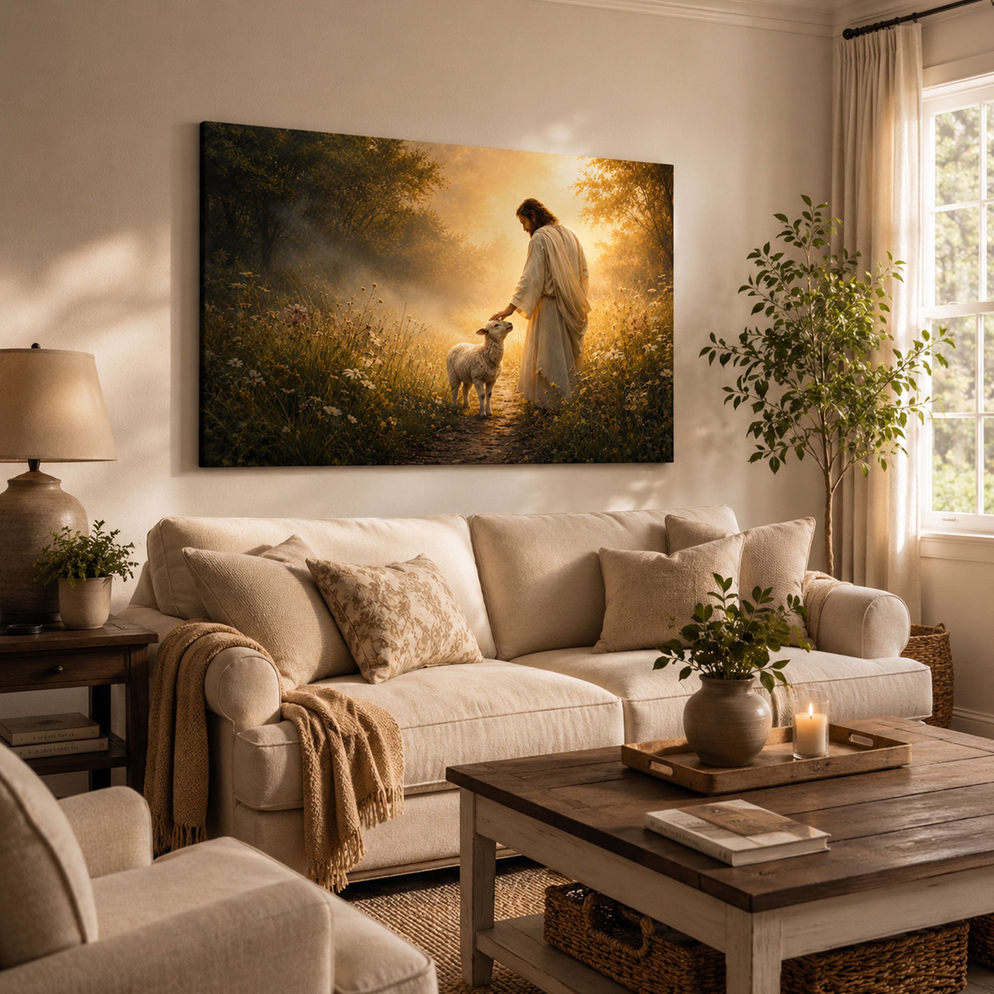 Good Shepherd with Lamb Panoramic Canvas Print, Jesus Christian Wall Art, Faith Home Decor Gift