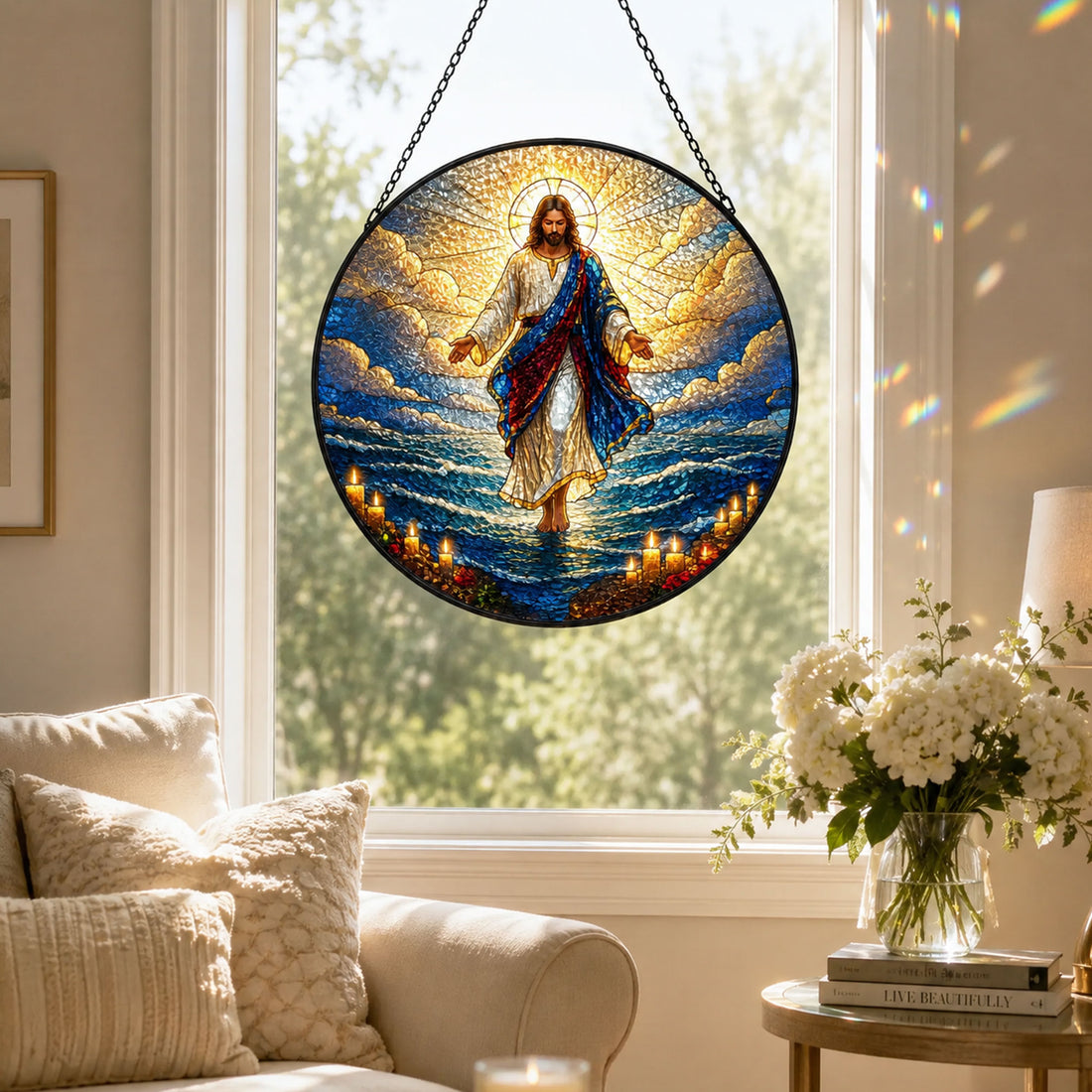 Jesus Walking on Water Suncatcher, Christian Window Hanging, Faith and Hope Gift