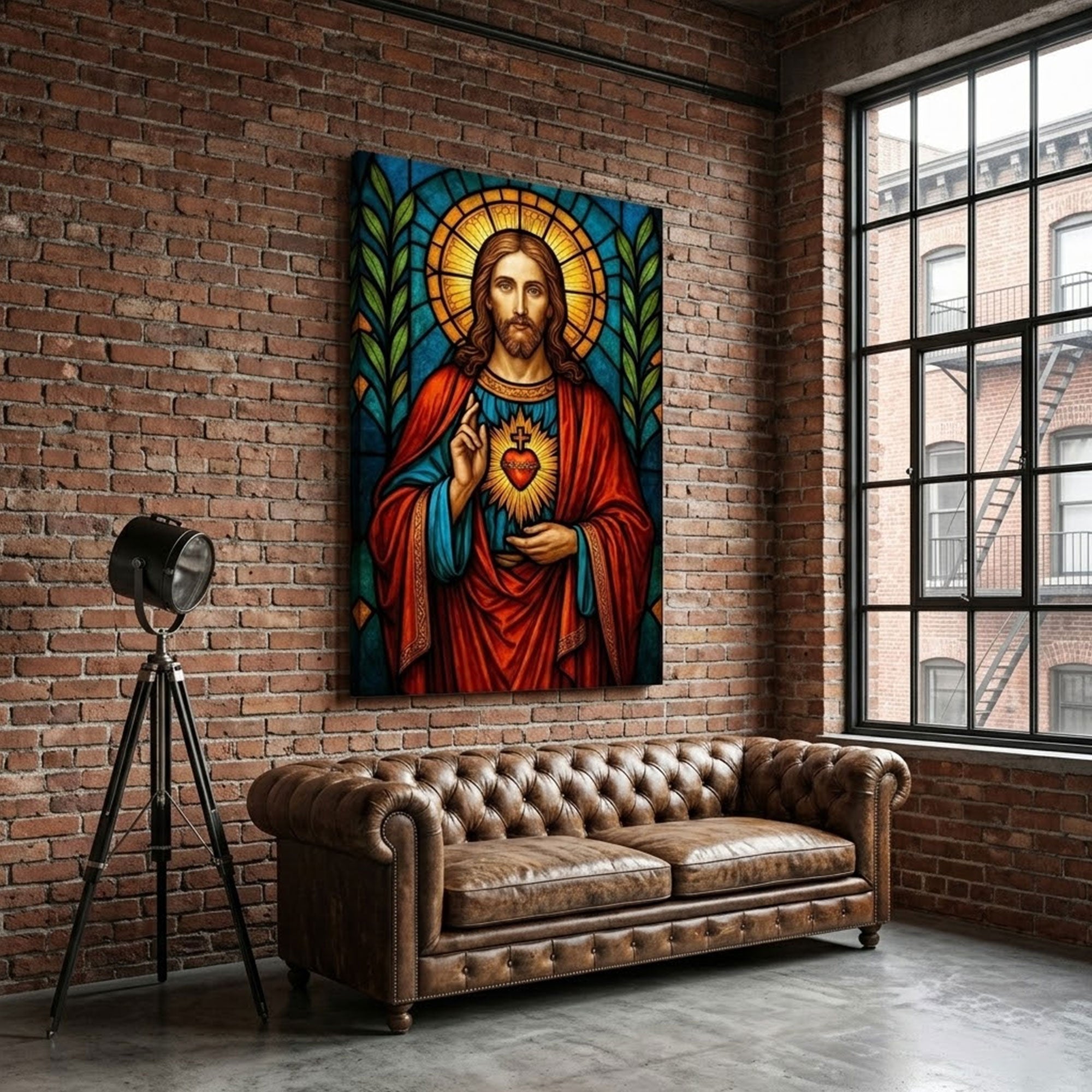 Sacred Heart of Jesus Canvas Print, Stained Glass Style Catholic Wall Art, Inspirational Faith Home Decor