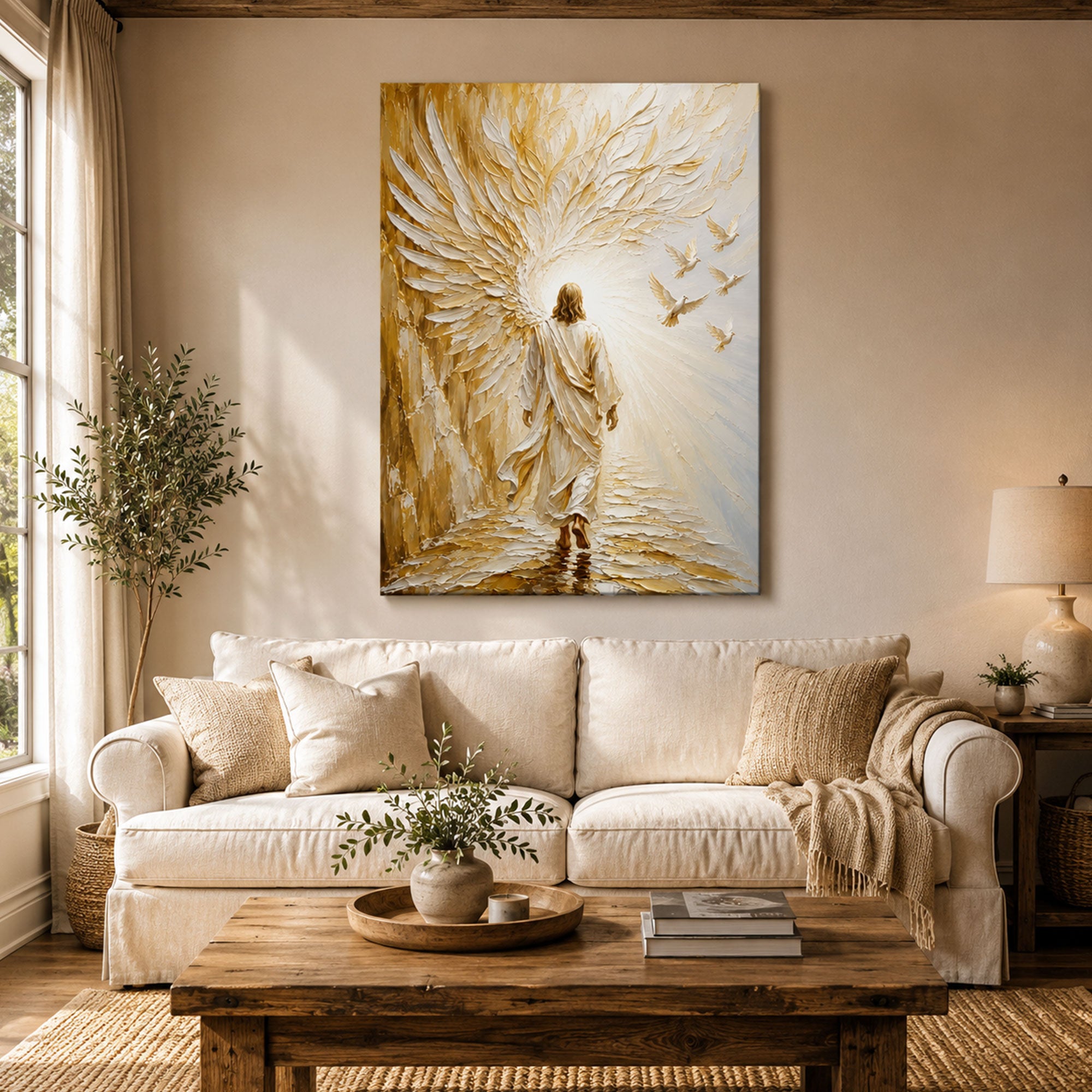 Jesus Walking into Heaven Canvas Print, White Gold Christian Wall Art, Faith Home Decor Gift