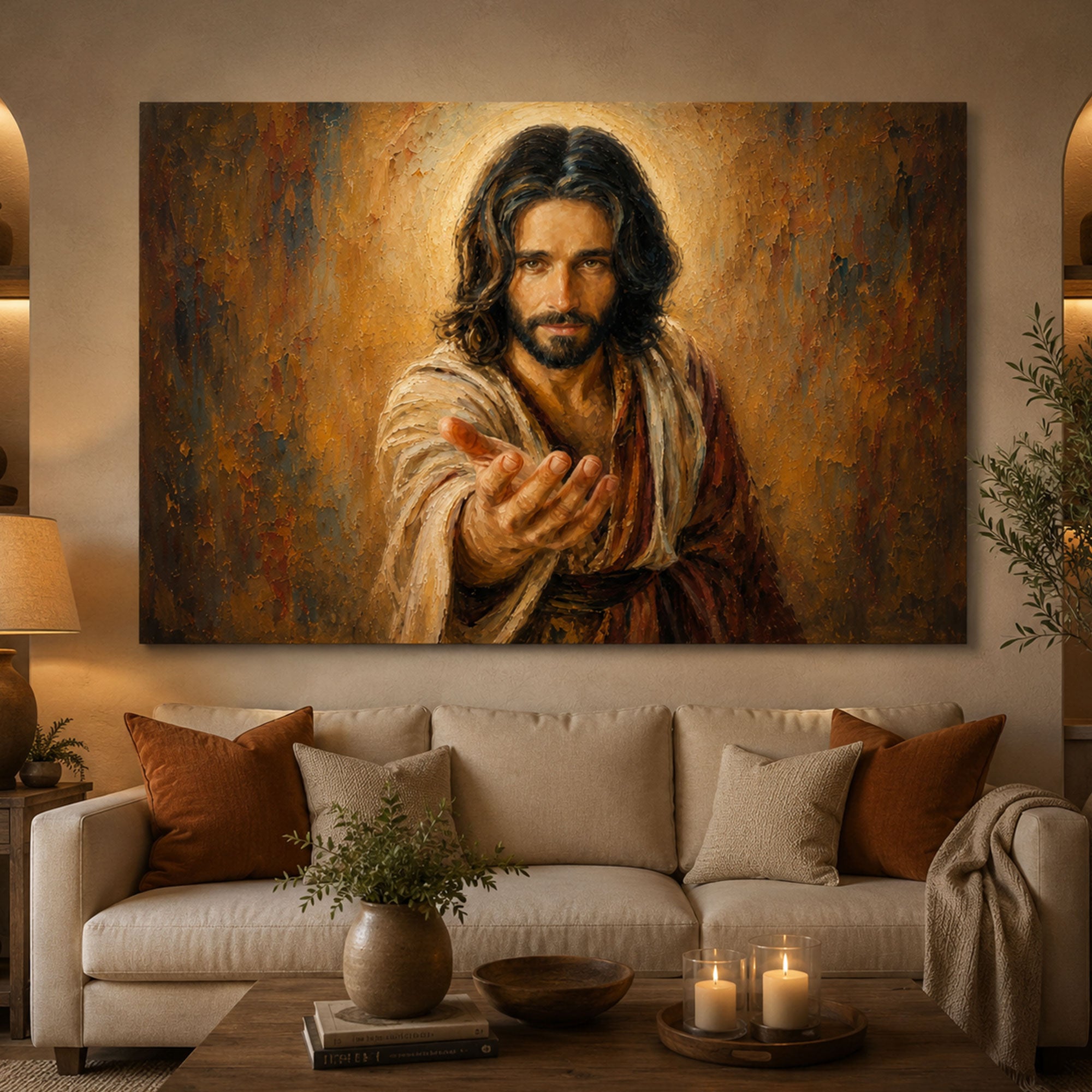 Jesus Reaching Out Canvas Print, Come to Me Christian Wall Art, Warm Faith Home Decor