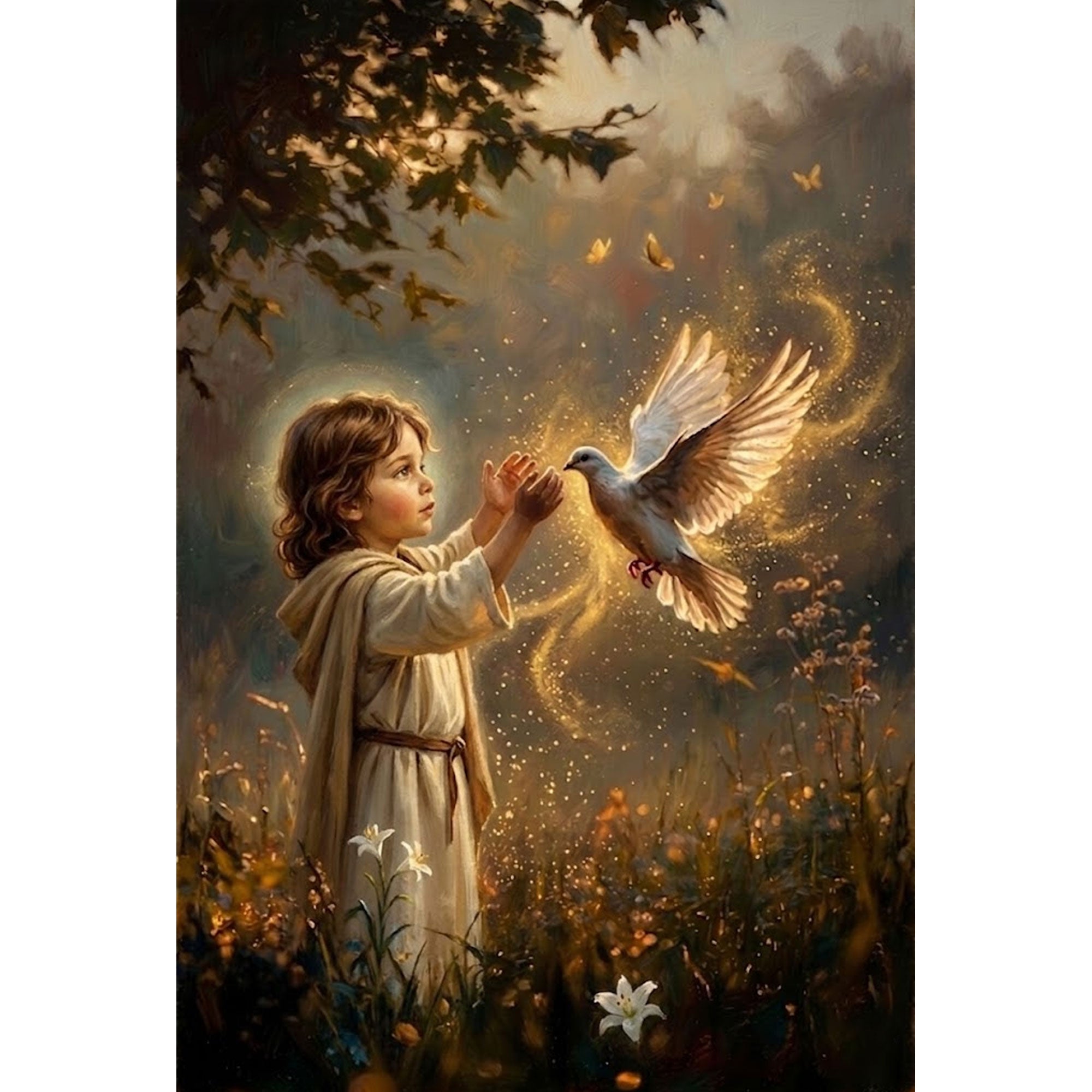 Child with Holy Spirit Dove Canvas Print, Christian Faith Wall Art, Symbol of Innocence and Divine Presence, Spiritual Light Decor, Inspirational Gift