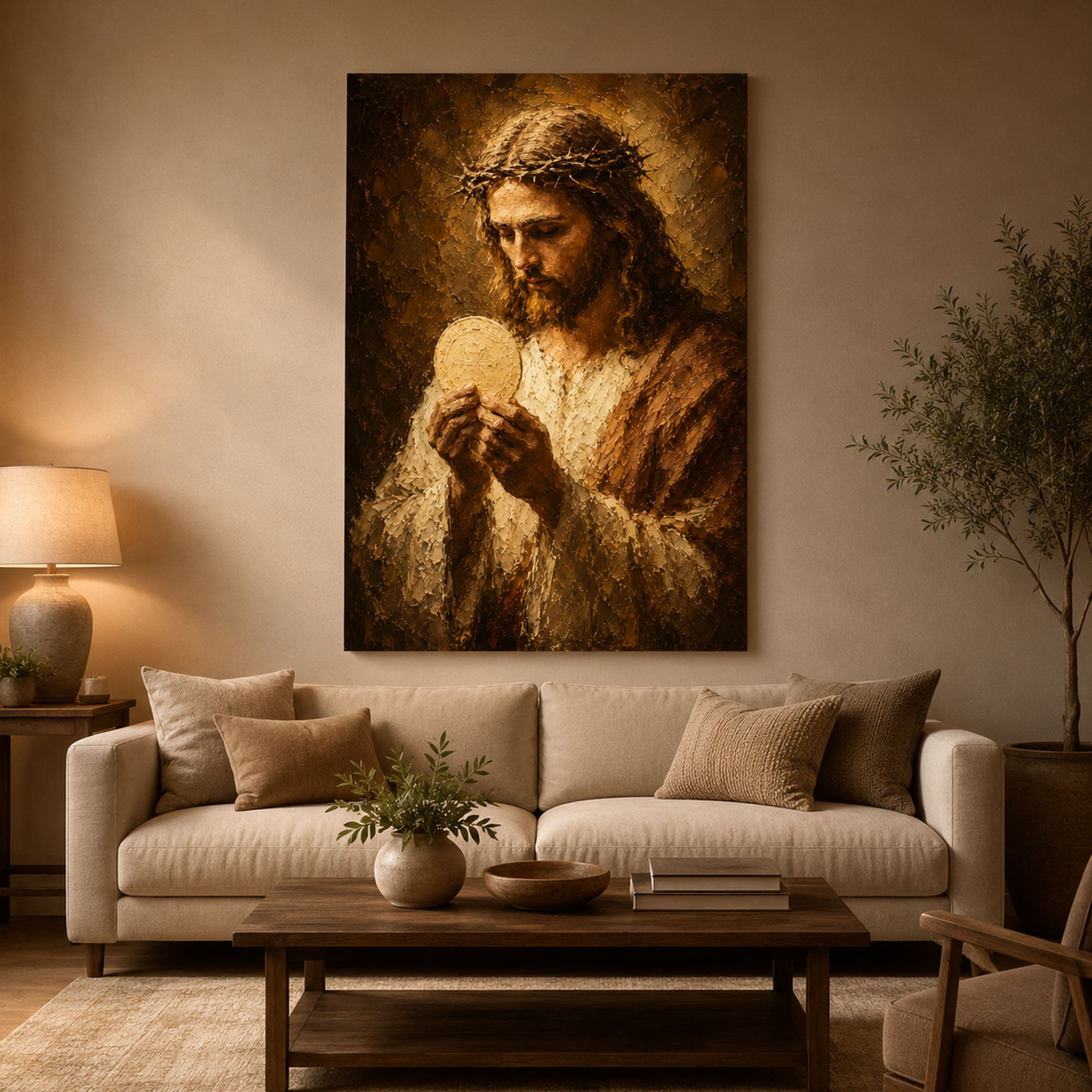 Jesus Holding the Holy Eucharist Canvas Print, Catholic Eucharistic Wall Art, Christ with Sacred Host, Religious Christian Home Decor