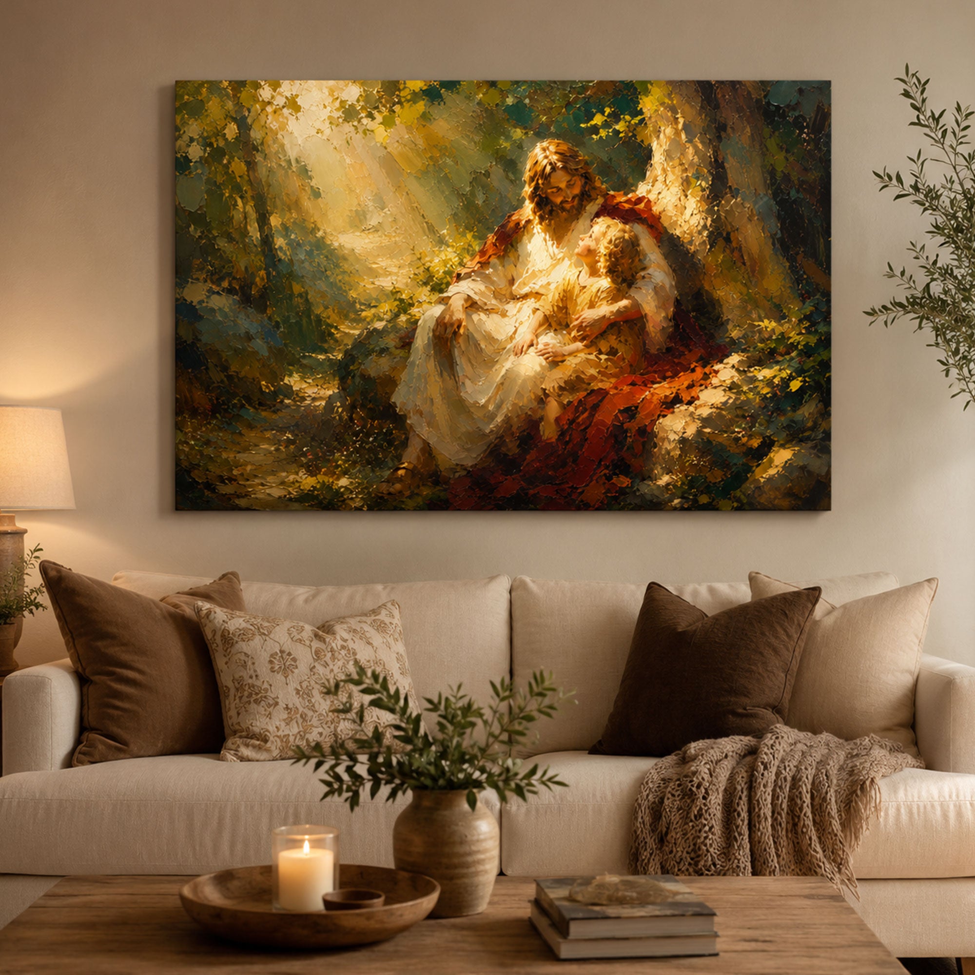 Jesus with Child Canvas Print, Peaceful Christian Wall Art, Family Faith Home Decor