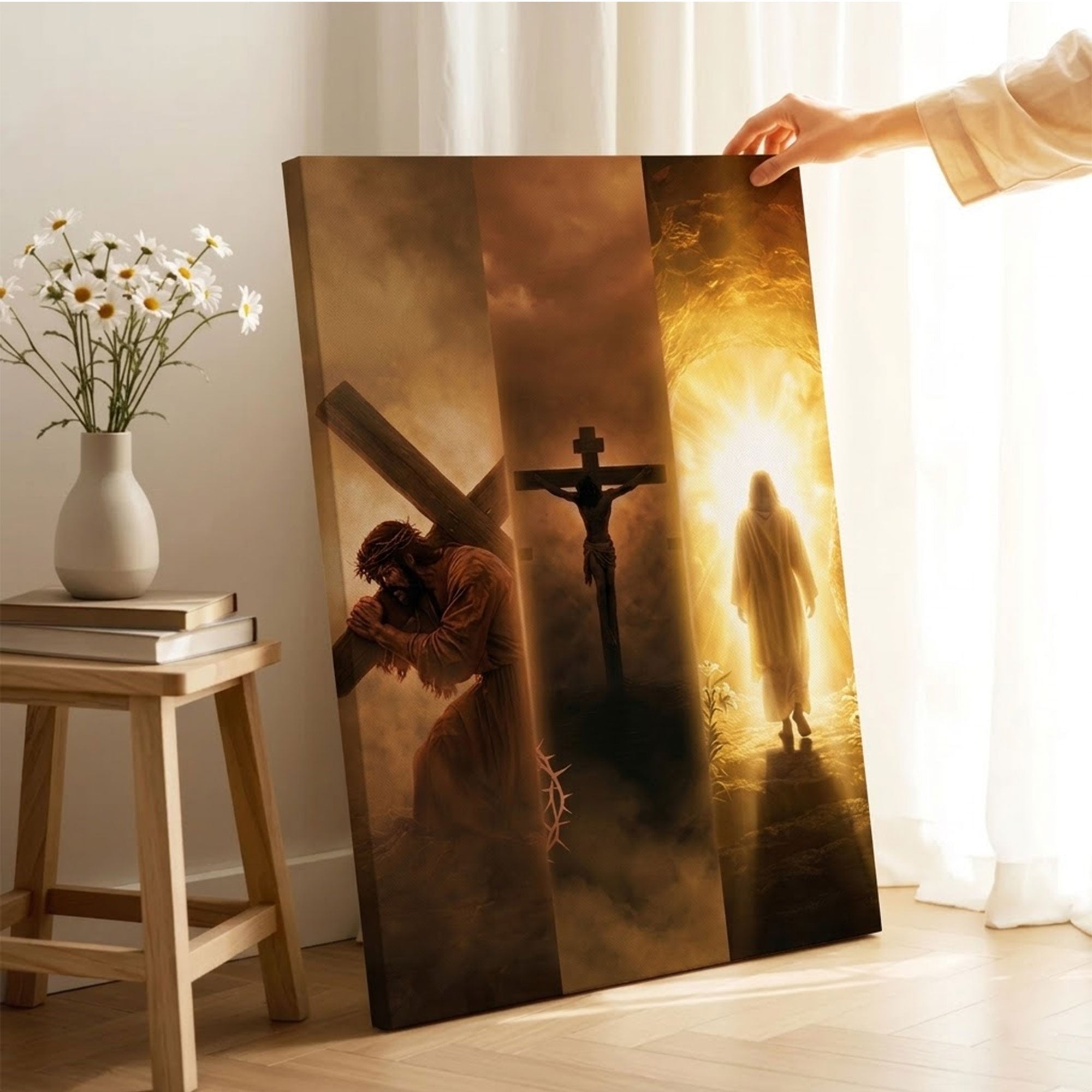 Jesus Passion to Resurrection Canvas Print, Catholic Christian Wall Art, Carrying the Cross Crucifixion and Risen Christ Scene, Sacred Fa