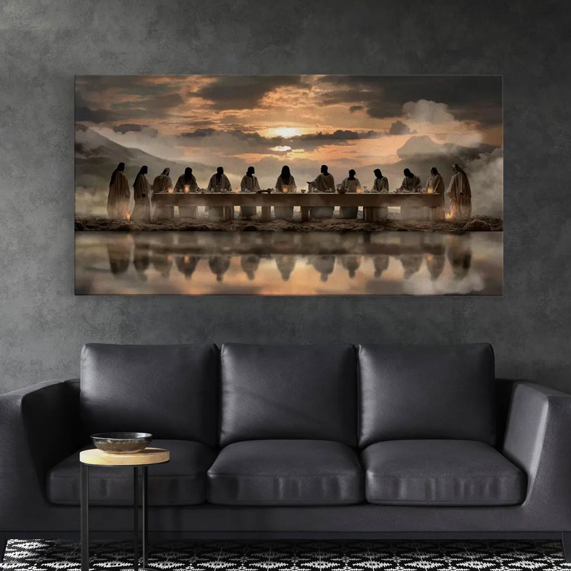 Sacred Supper Horizon Framed Canvas Print, Jesus The Last Supper Wall Art, Christian Religious Painting, Modern Church Home Decor, Christmas Faith Gift