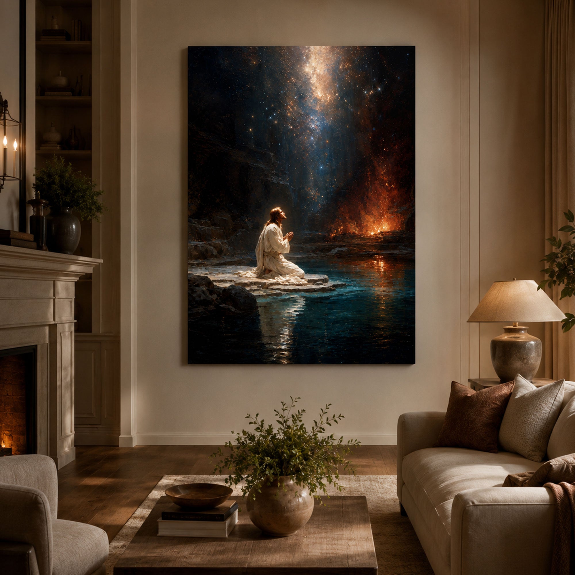 Jesus Praying at Night Canvas Print, Christian Wall Art, Hope Faith Home Decor