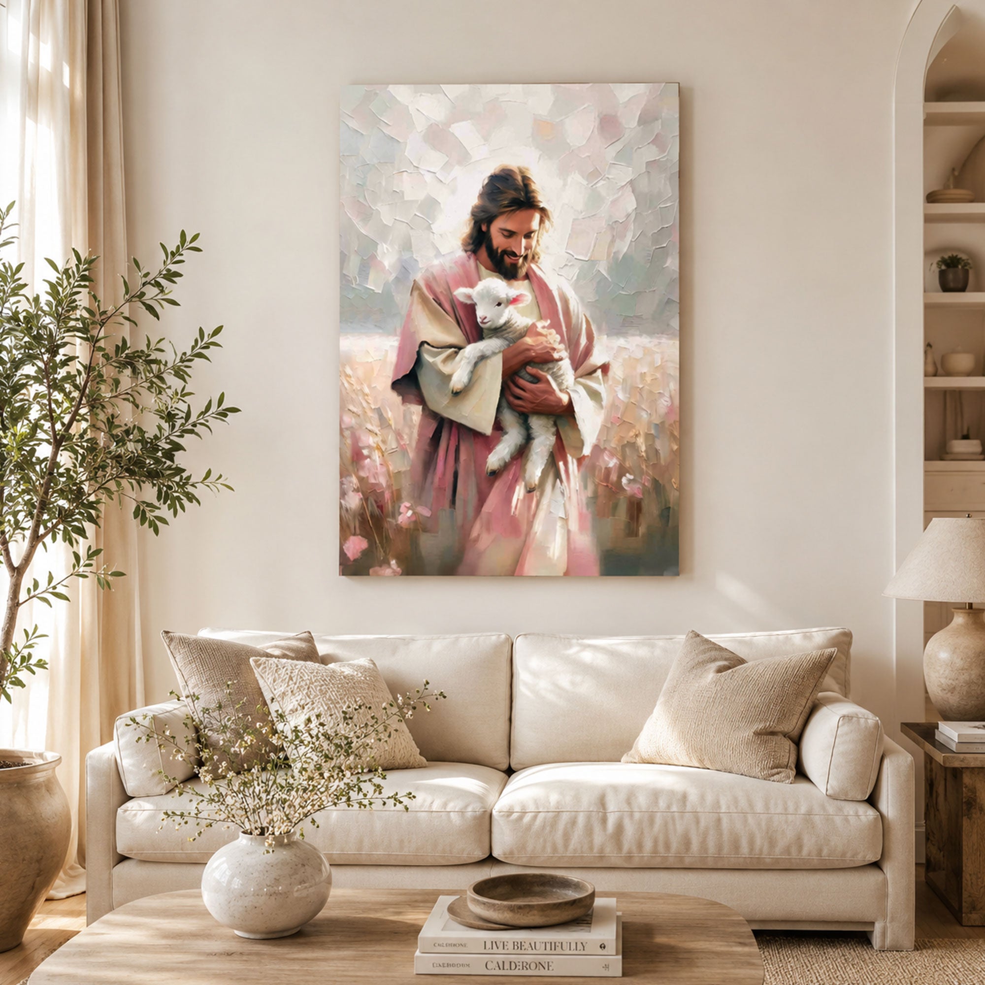 Jesus Embracing Lamb Canvas Print, Pink Christian Wall Art, Good Shepherd Faith Decor, Spiritual Religious Artwork