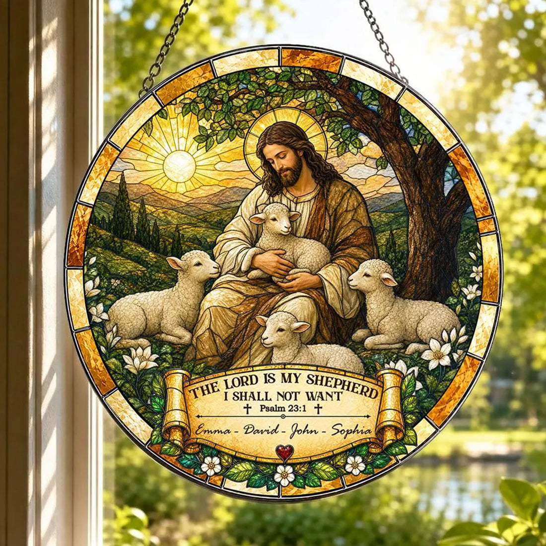 Personalized Jesus Good Shepherd Suncatcher, Psalm 23:1 Family Name Window Hanging, Christian Gift