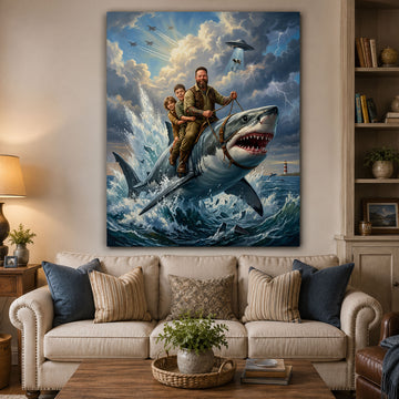 Personalized Shark Rider Canvas Print, Custom Dad and Kids Adventure Wall Art, Father’s Day Gift