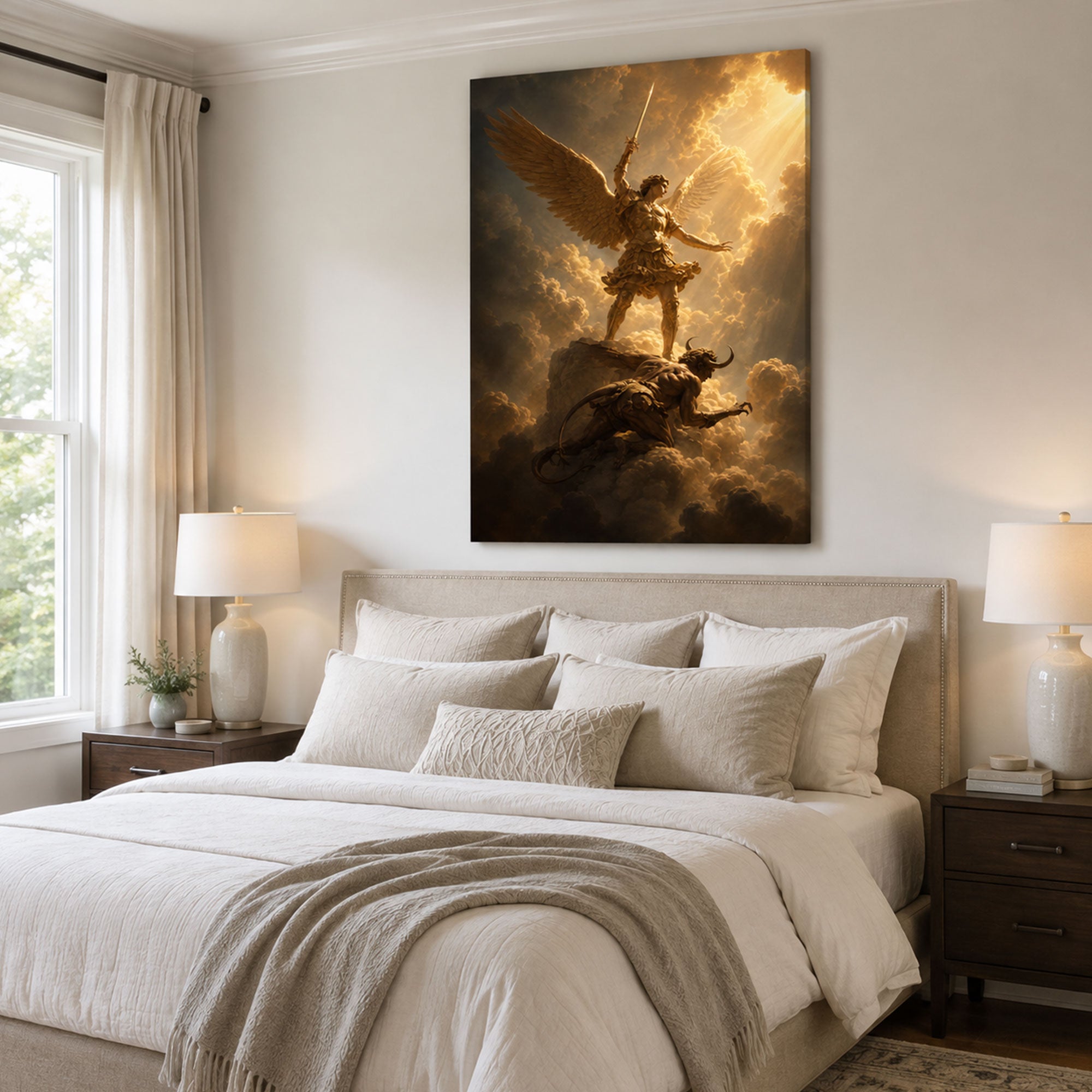 Saint Michael Defeating Satan Canvas Print, Catholic Protection Wall Decor, Christian Faith Gift