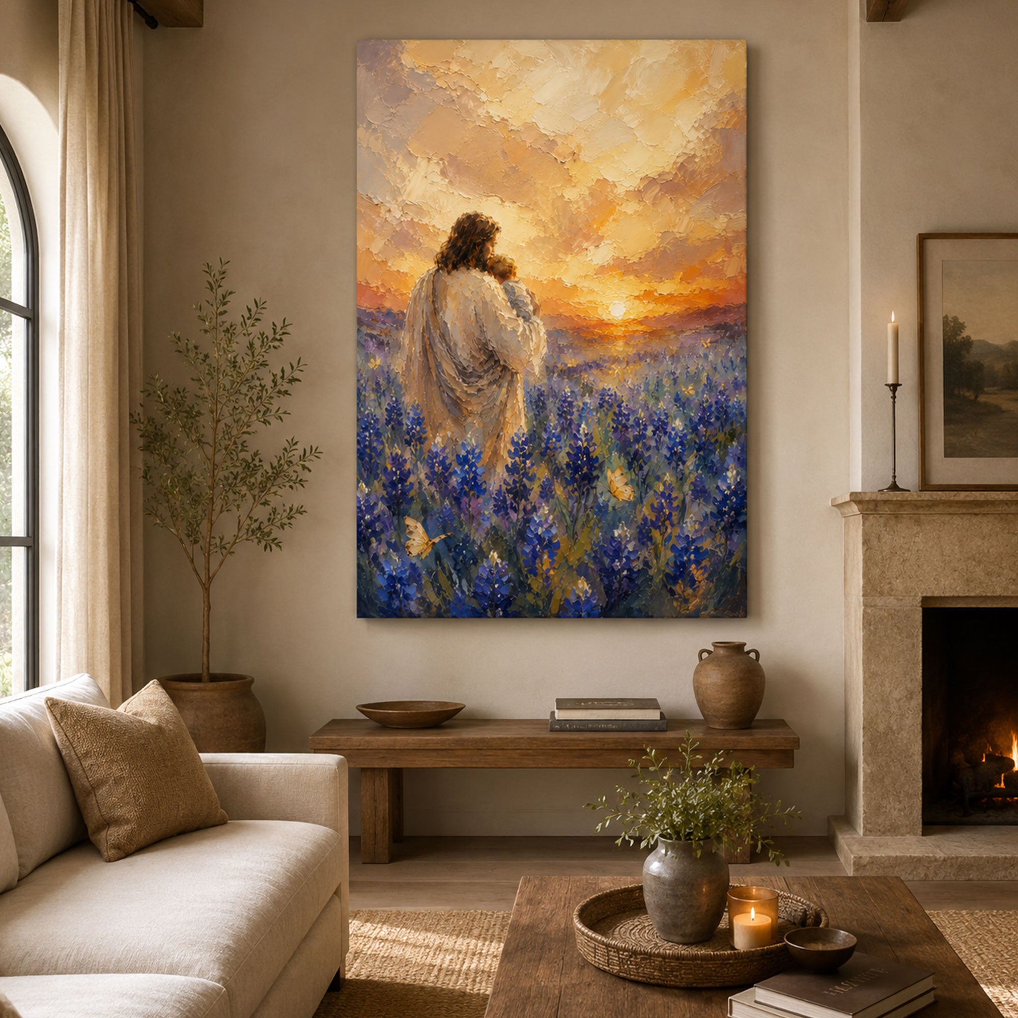 Jesus Holding Child Canvas Print, Peaceful Christian Wall Art, Wildflower Meadow Faith Home Decor
