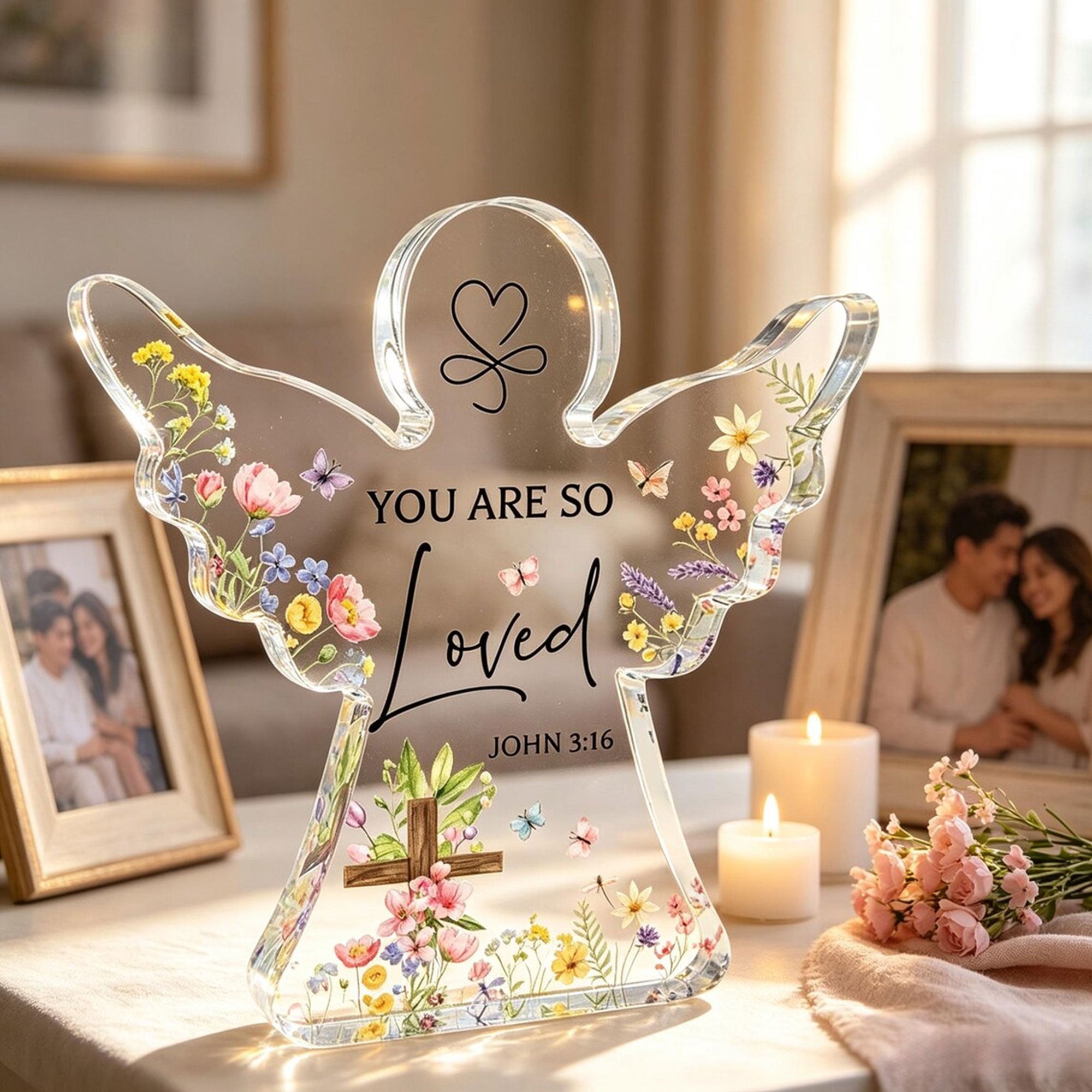 You Are So Loved Angel Acrylic Desk Plaque, John 3:16 Christian Gift, Floral Cross Faith Decor