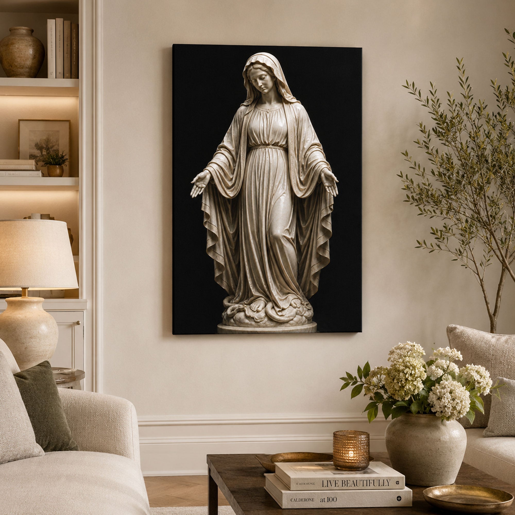 Virgin Mary Statue Canvas Print, Catholic Marian Wall Art, Faith Home Decor Gift