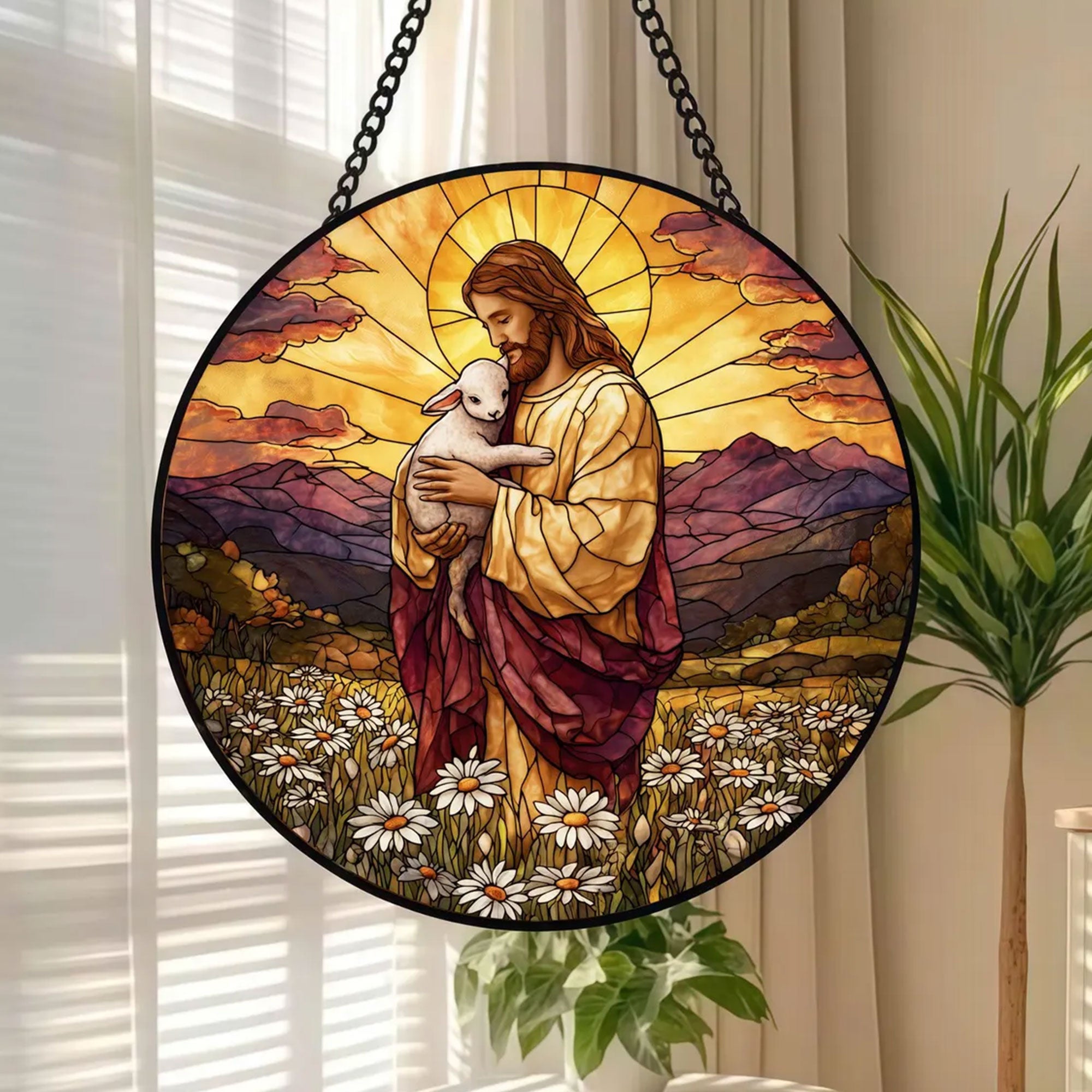 Jesus the Good Shepherd Suncatcher, Christ Holding Lamb Sunset Window Hanging, Christian Faith Gift