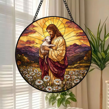 Jesus the Good Shepherd Suncatcher, Christ Holding Lamb Sunset Window Hanging, Christian Faith Gift