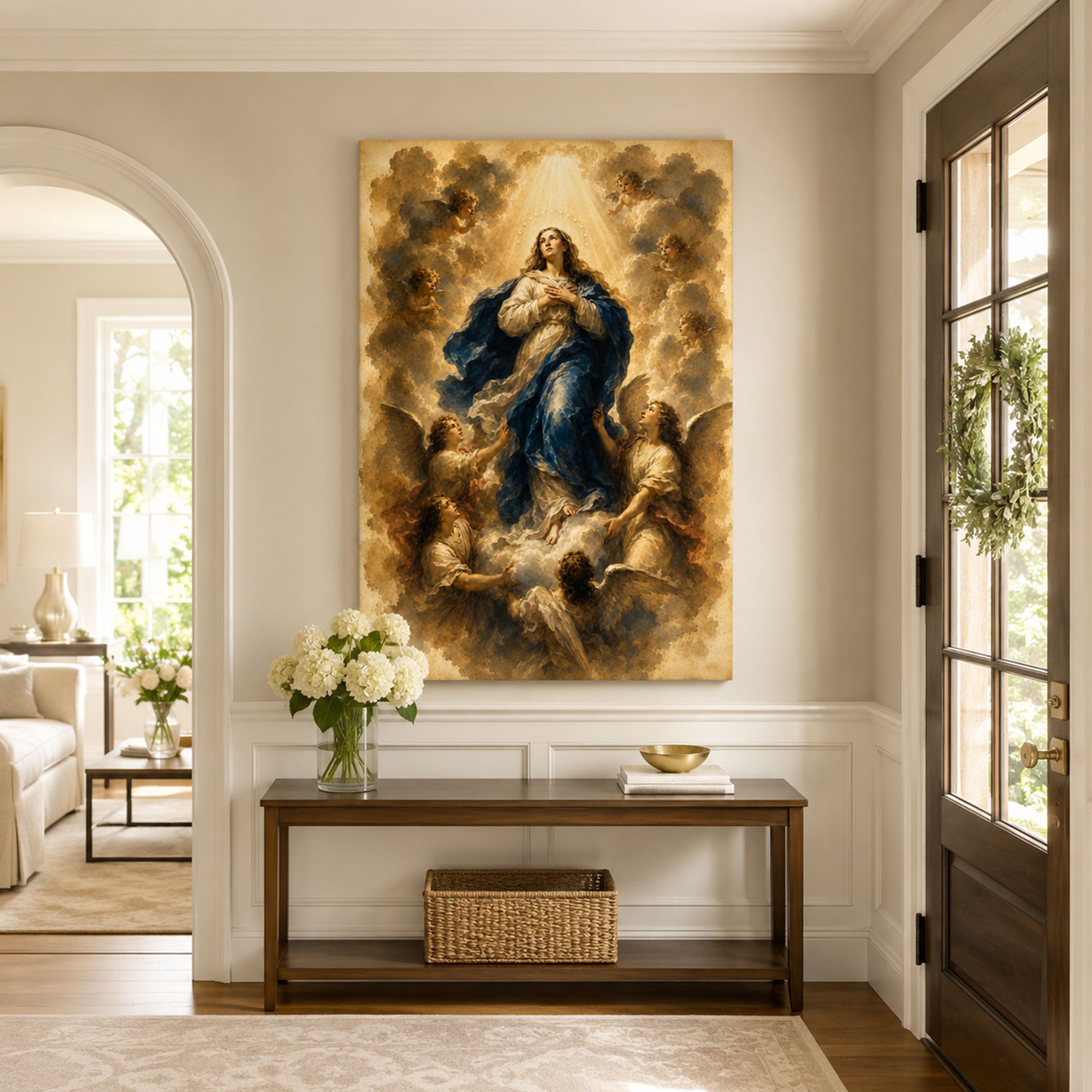 Our Lady Lifted by Angels Canvas Print, Catholic Home Decor