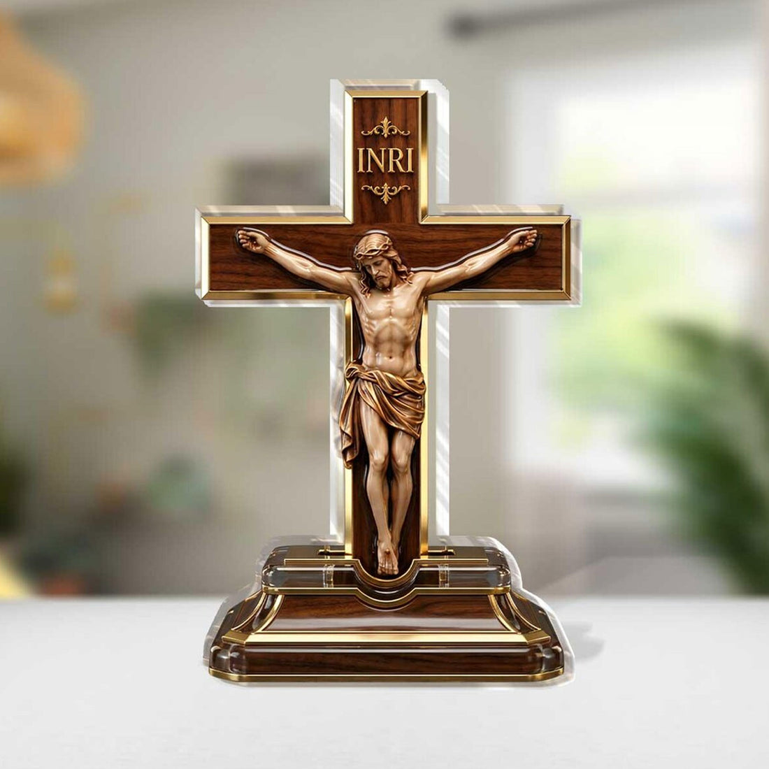 Jesus on the Cross Acrylic Plaque, Personalized Baptism Keepsake, Catholic Christian Gift, Single-Sided 2D Religious Table Decor