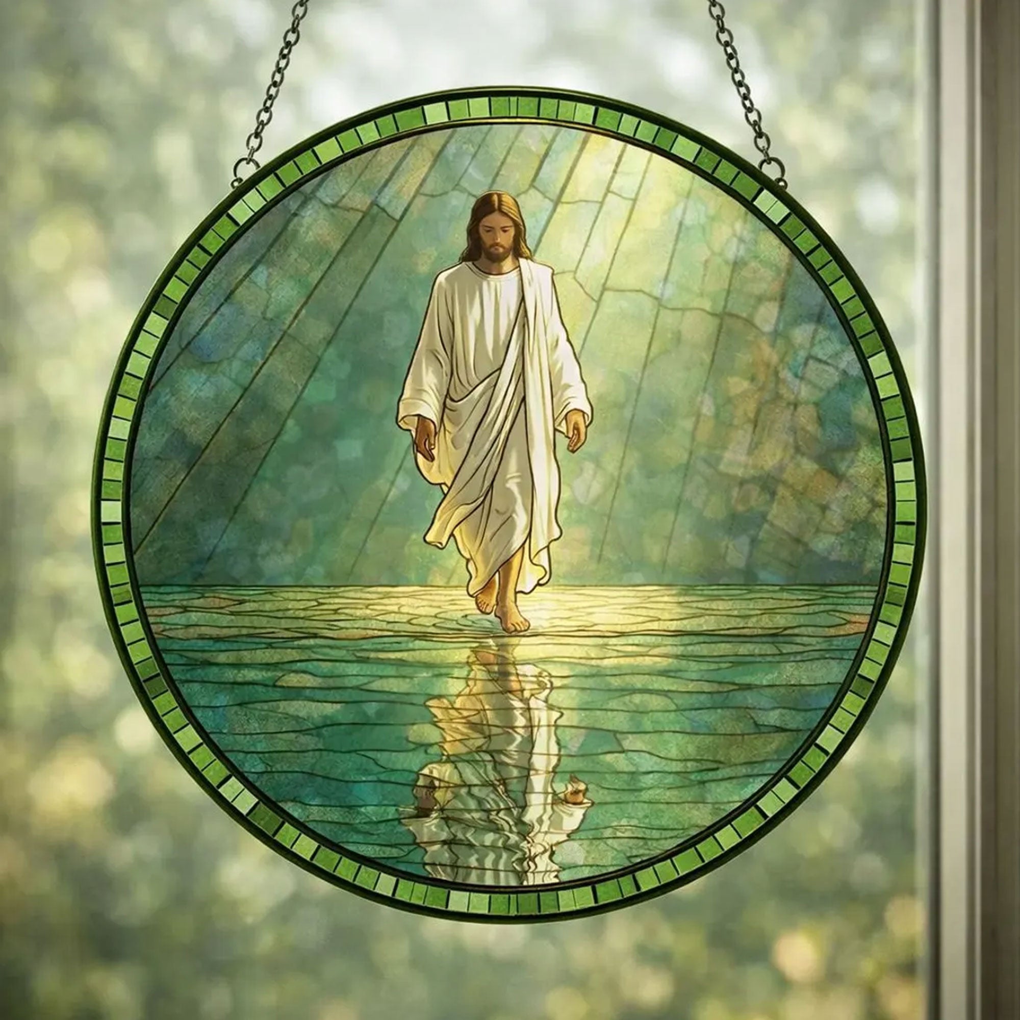 Jesus Walking on Water Stained Glass Suncatcher, Christian Window Hanging Decor, Faith Religious Gift, Handmade Glass Art