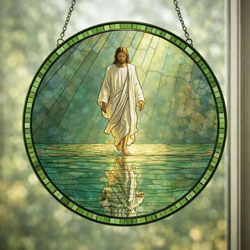 Jesus Walking on Water Stained Glass Suncatcher, Christian Window Hanging Decor, Faith Religious Gift, Handmade Glass Art