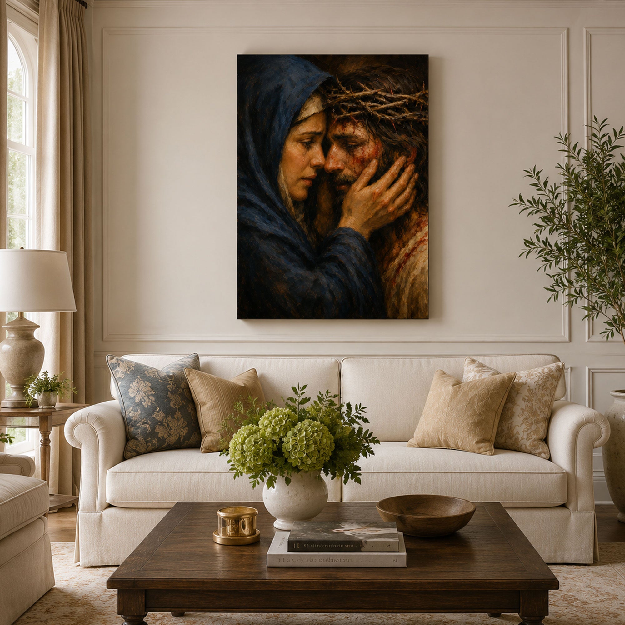 Sorrowful Mother and Jesus Canvas Print, Crown of Thorns Catholic Wall Art, Passion of Christ Home Decor Gift