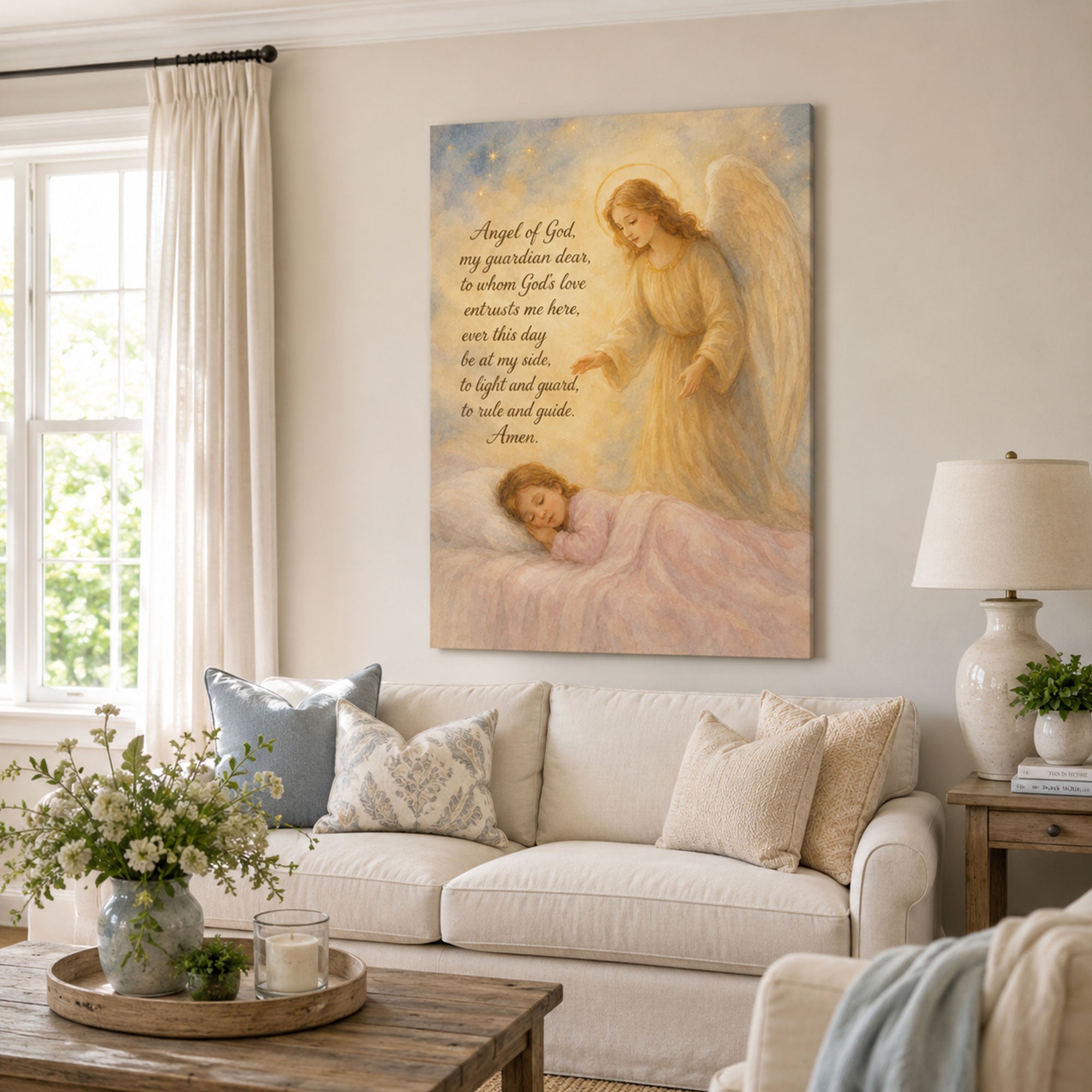 Angel of God Prayer Canvas Print, Guardian Angel and Sleeping Child Art