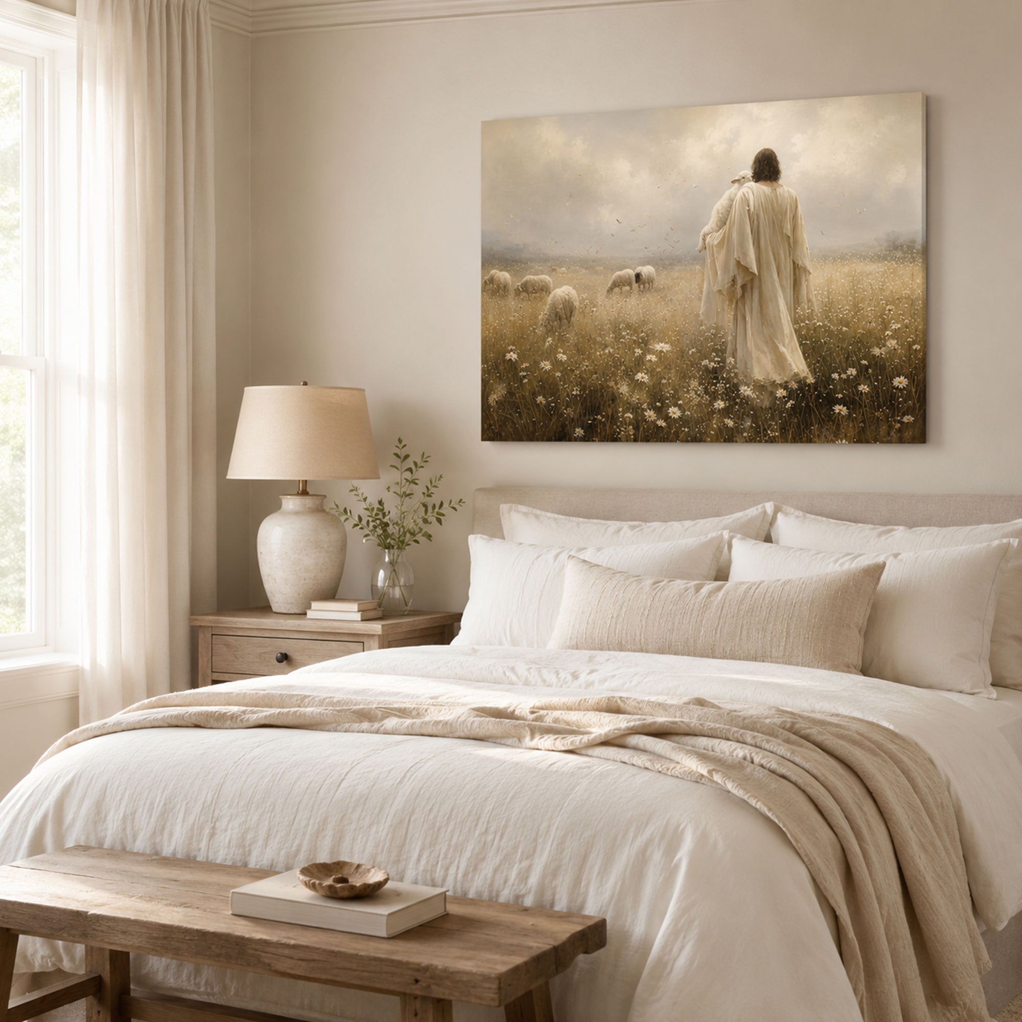 Jesus the Good Shepherd Canvas Print, Lamb and Meadow Christian Wall Art, Peaceful Faith Home Decor Gift