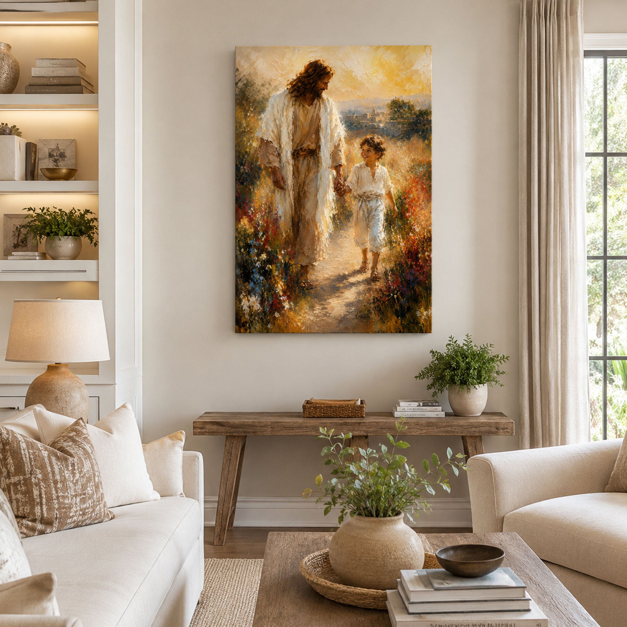 Jesus Walking with a Child Canvas Print, Christian Home Decor