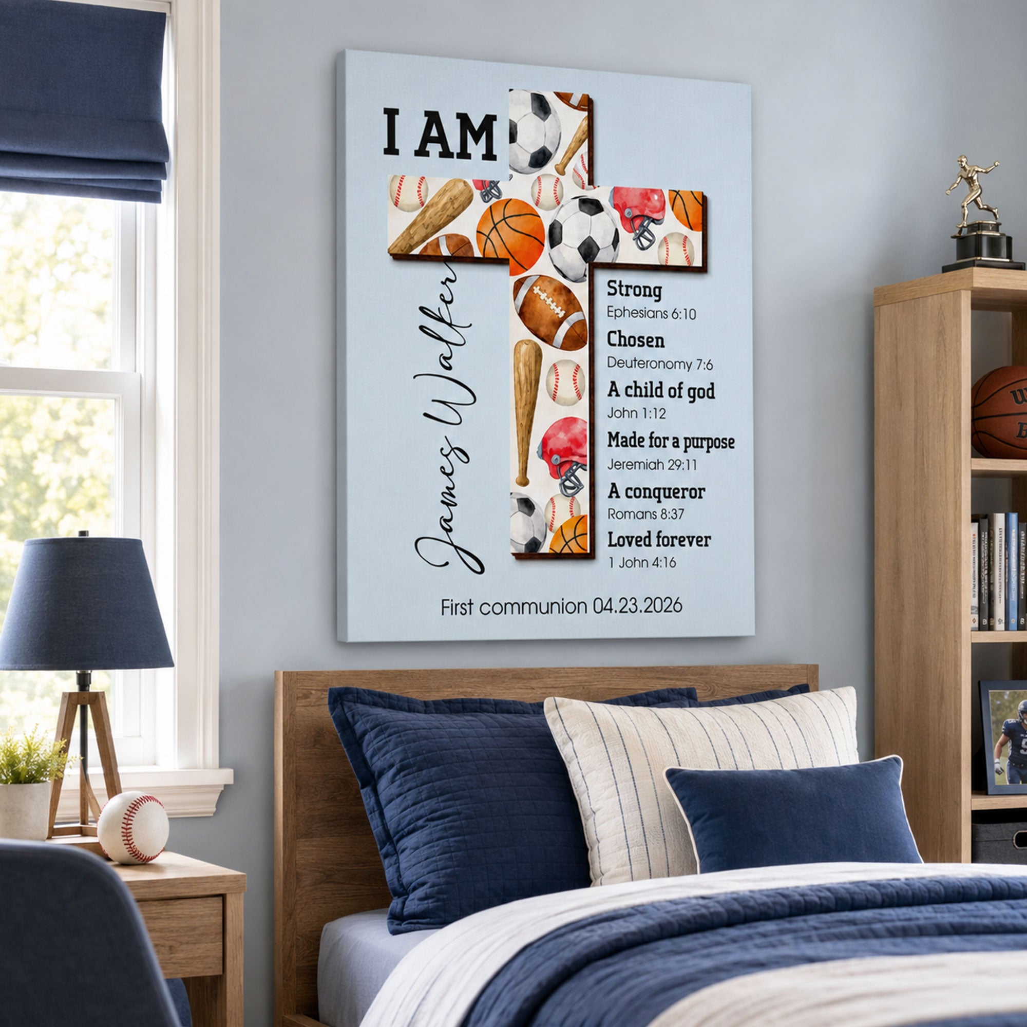 Custom First Communion Gift for Boy, Personalized Sports Cross Canvas Print, Christian Bible Verse Keepsake, Baptism Confirmation Gift