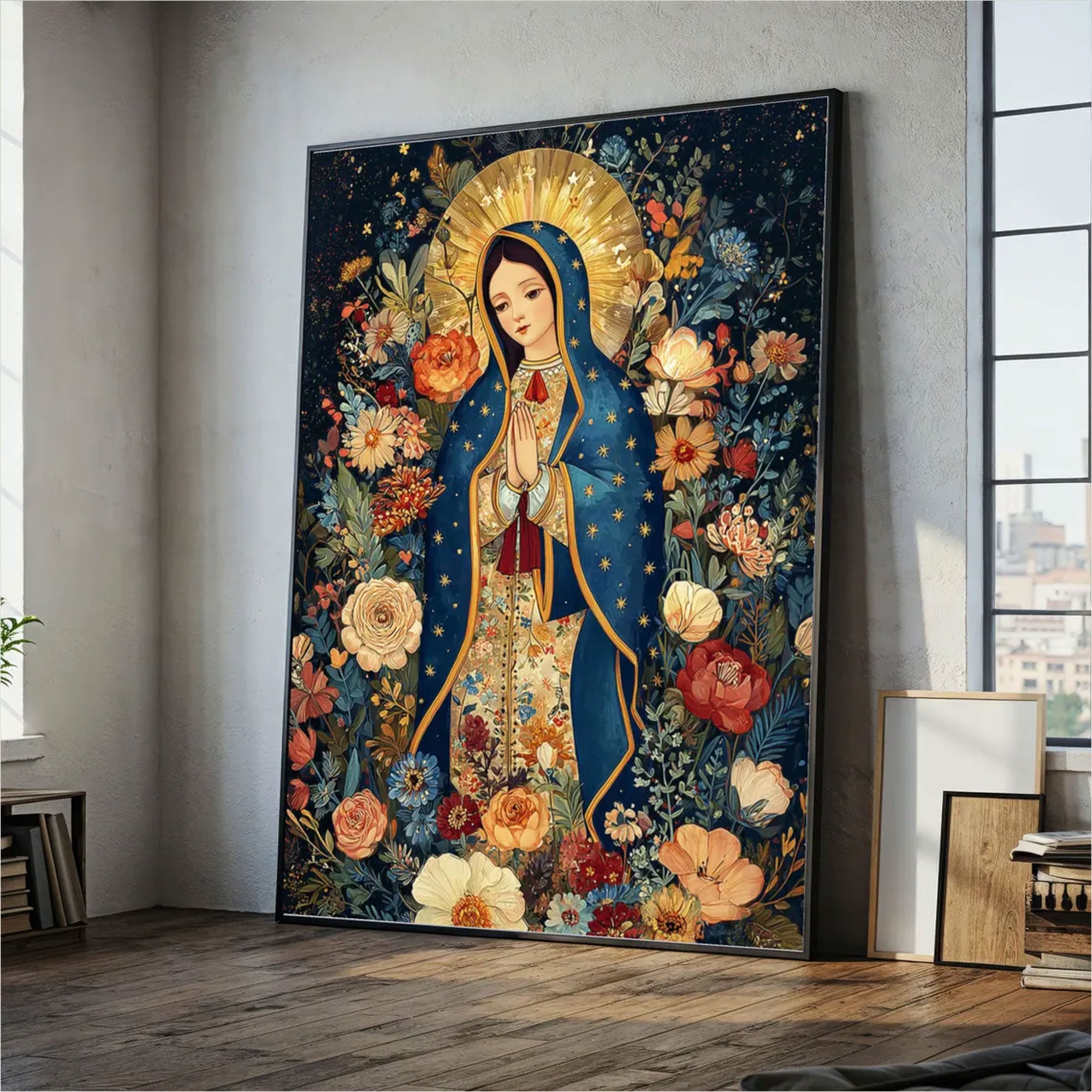 Our Lady of Guadalupe Canvas Print, Floral Virgin Mary Wall Art, Catholic Religious Decor, Devotional Christian Artwork, Prayerful Faith Gift for Home