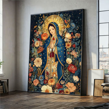 Our Lady of Guadalupe Canvas Print, Floral Virgin Mary Wall Art, Catholic Religious Decor, Devotional Christian Artwork, Prayerful Faith Gift for Home